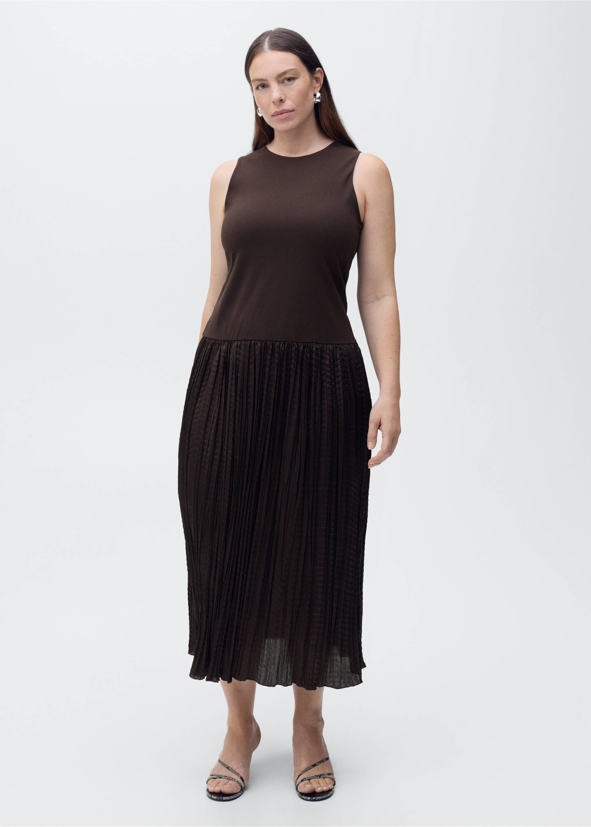 Combined-fabric long dress - Details of the article 3, Brown. Ref: 87059211-00.