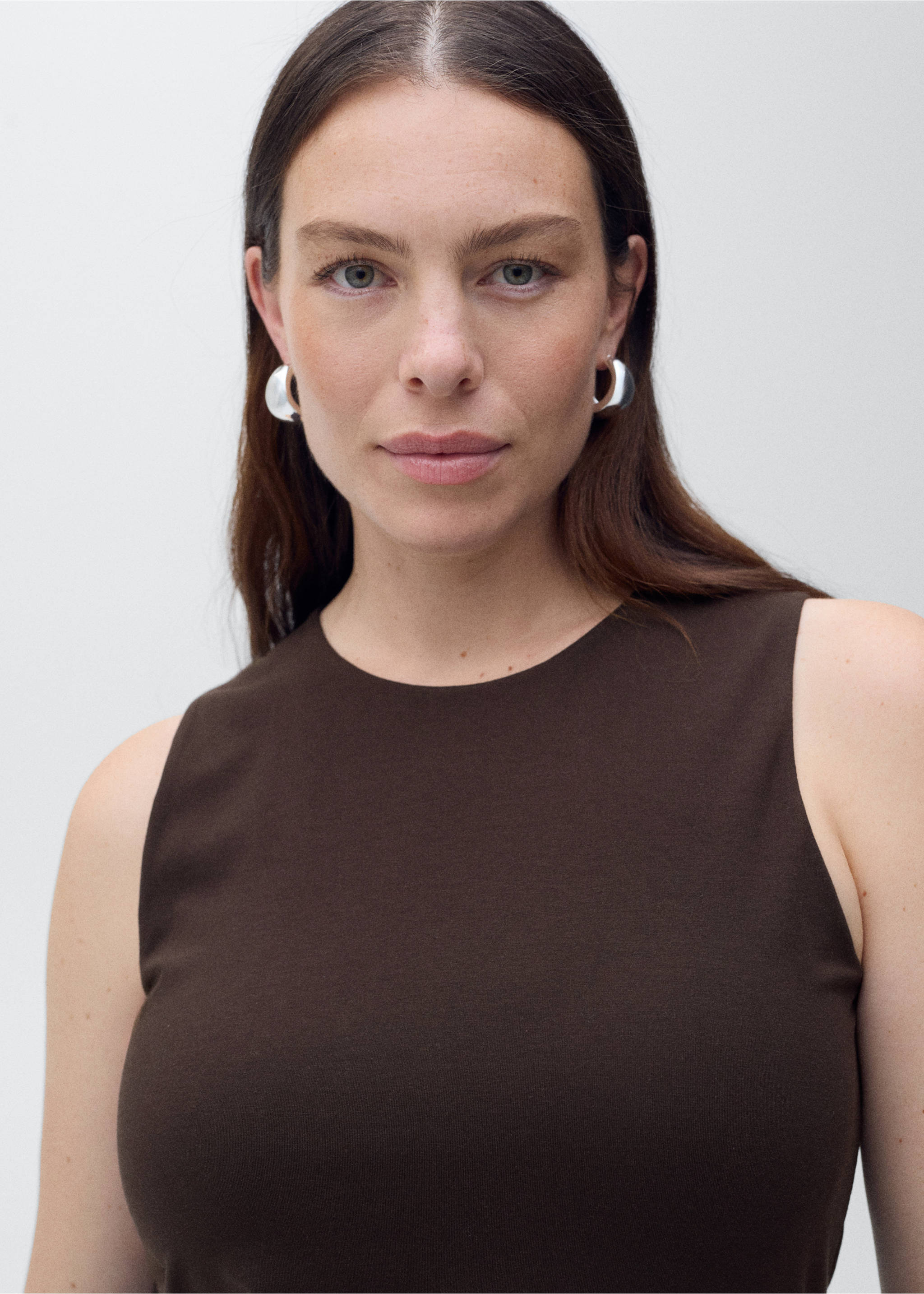 Combined-fabric long dress - Details of the article 5, Brown. Ref: 87059211-00.