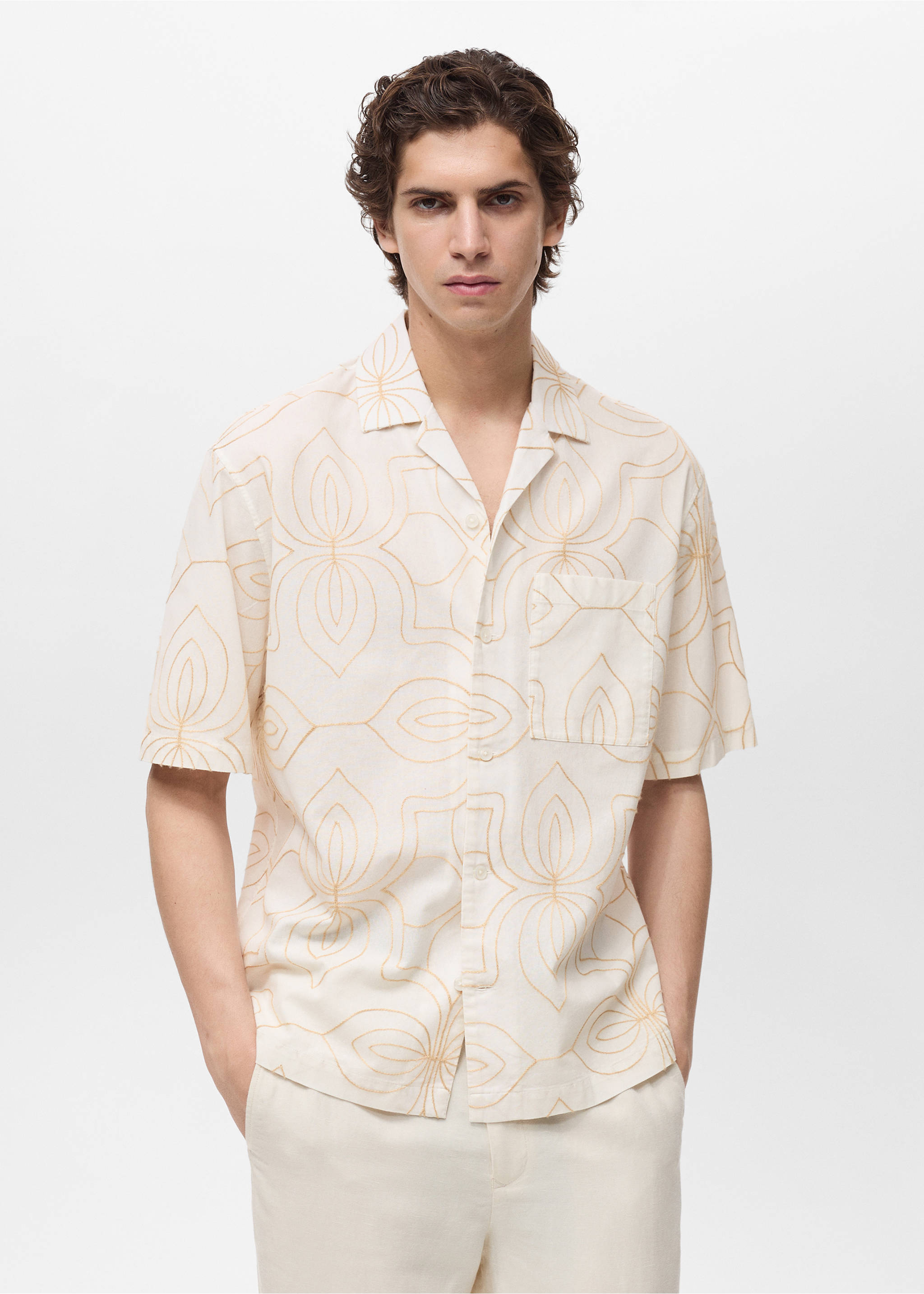 Camisa coll bowling brodats - Pla mig, Blanc. Ref: 87059215-00.