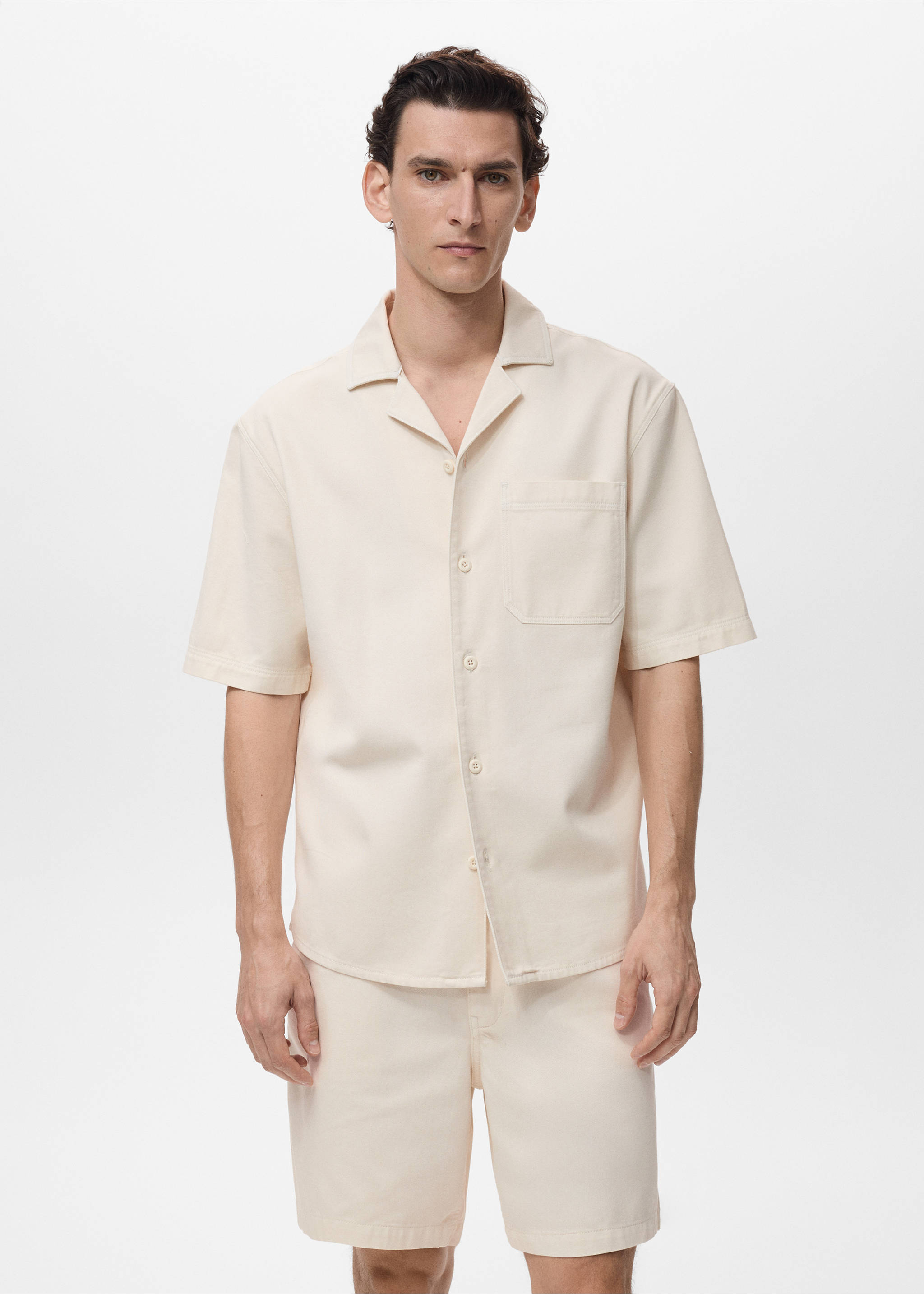 Chemise poche coton et lyocell - Plan moyen, Ivoire. Ref: 87059219-00.