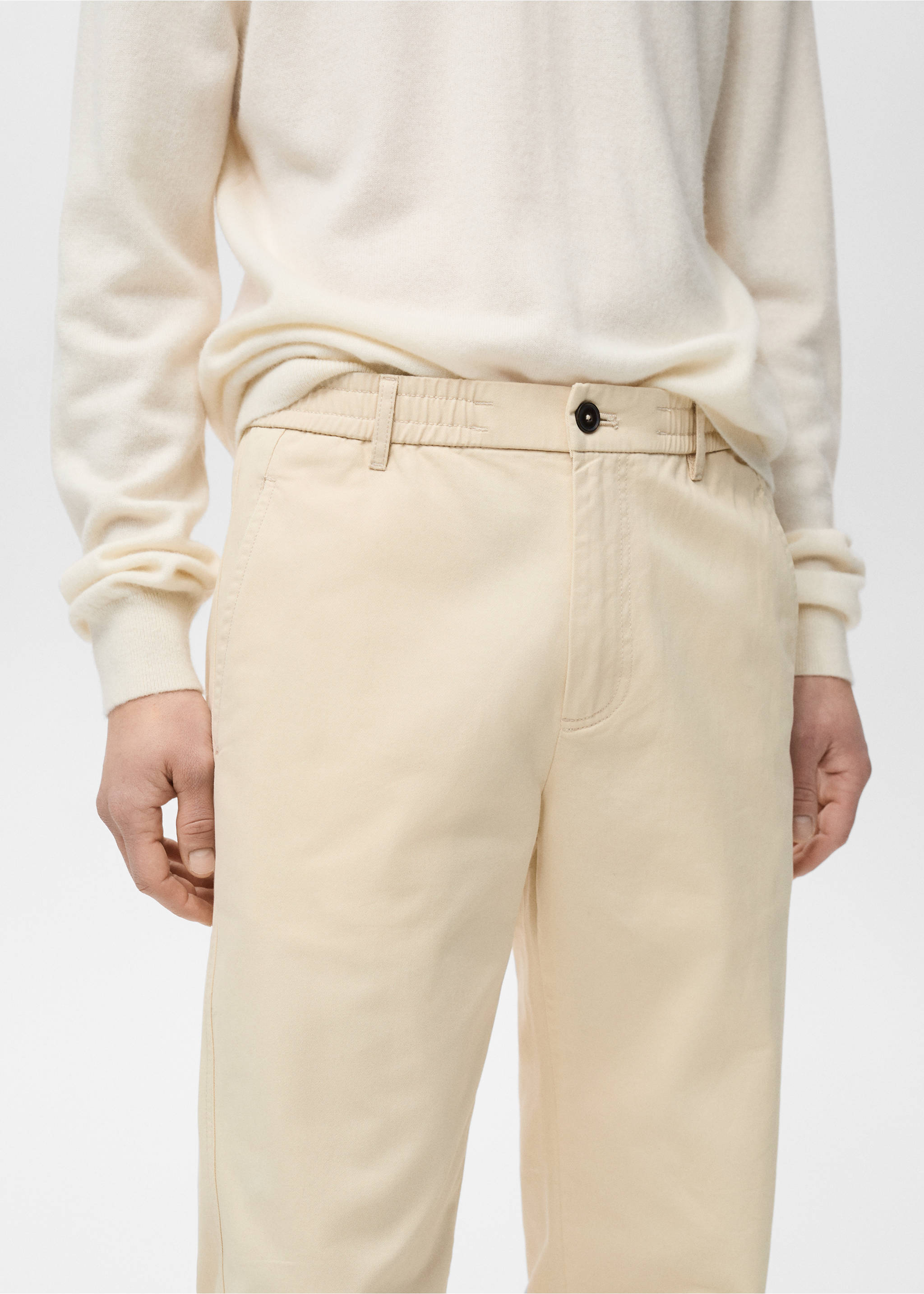 Regular fit cotton drawstring trousers - Details of the article 1, Ecru. Ref: 87060575-00.