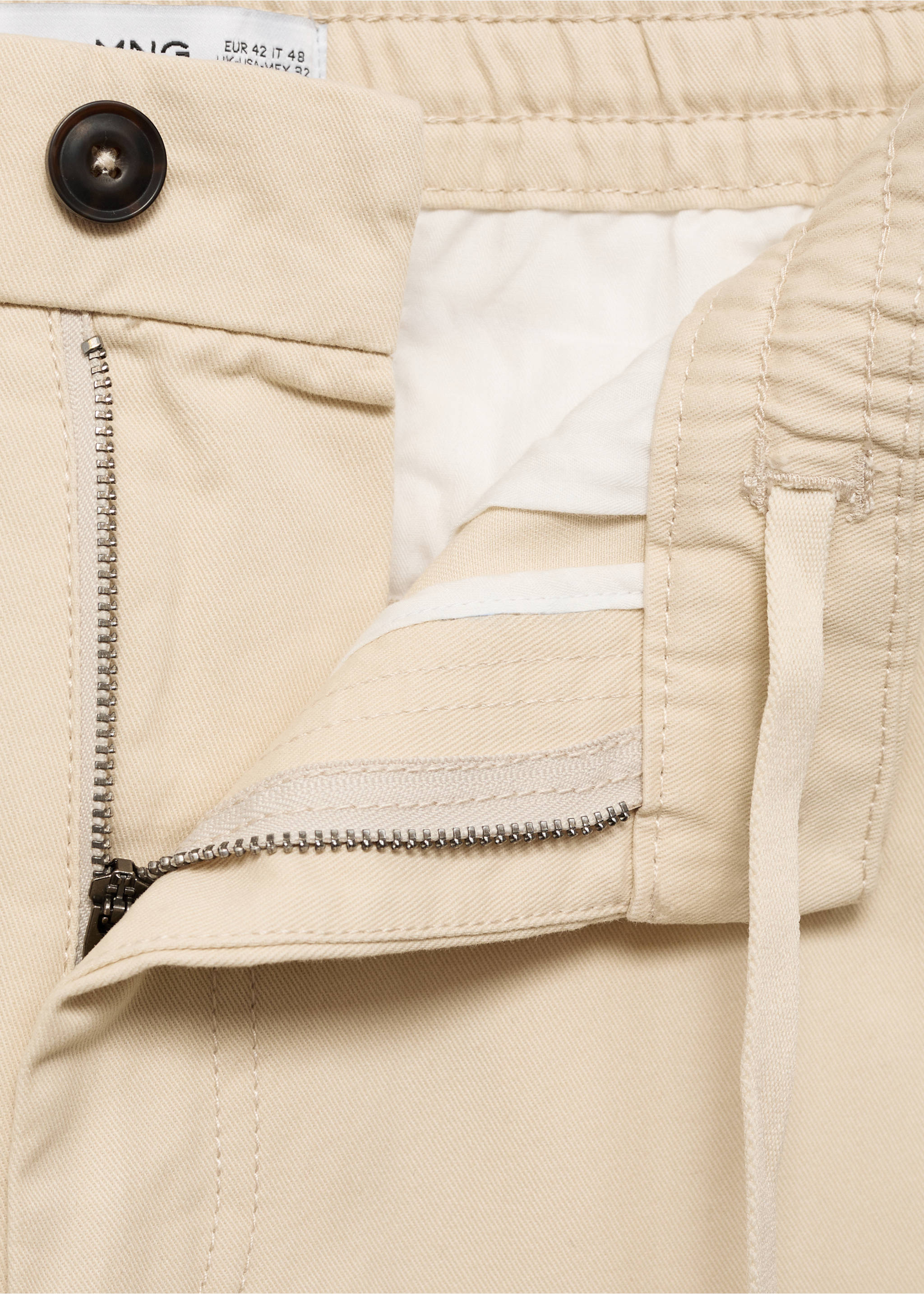 Regular fit cotton drawstring trousers - Details of the article 8, Ecru. Ref: 87060575-00.