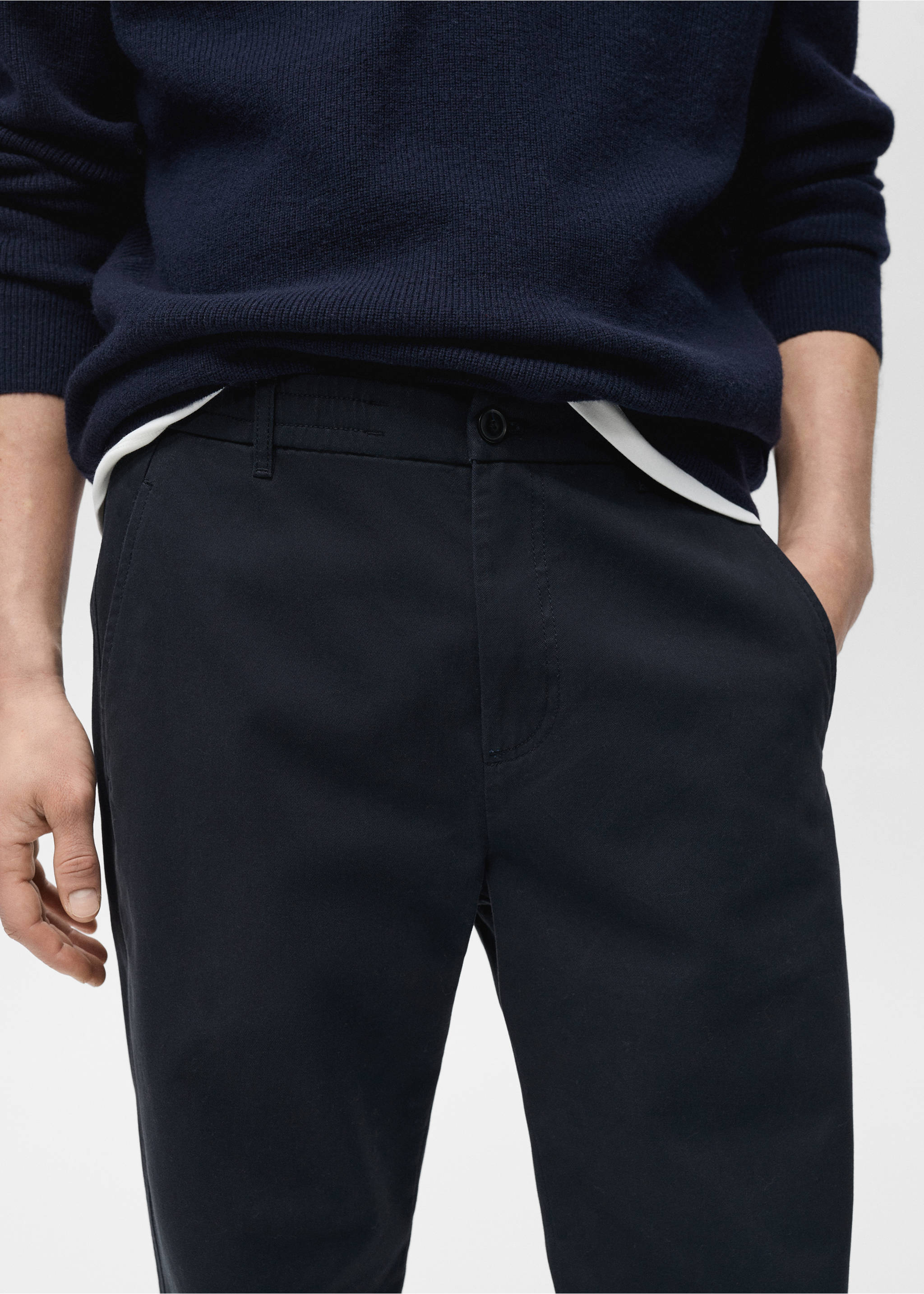 Regular-fit cotton pants with drawstring - Details of the article 1, Dark Navy. Ref: 87060575-00.