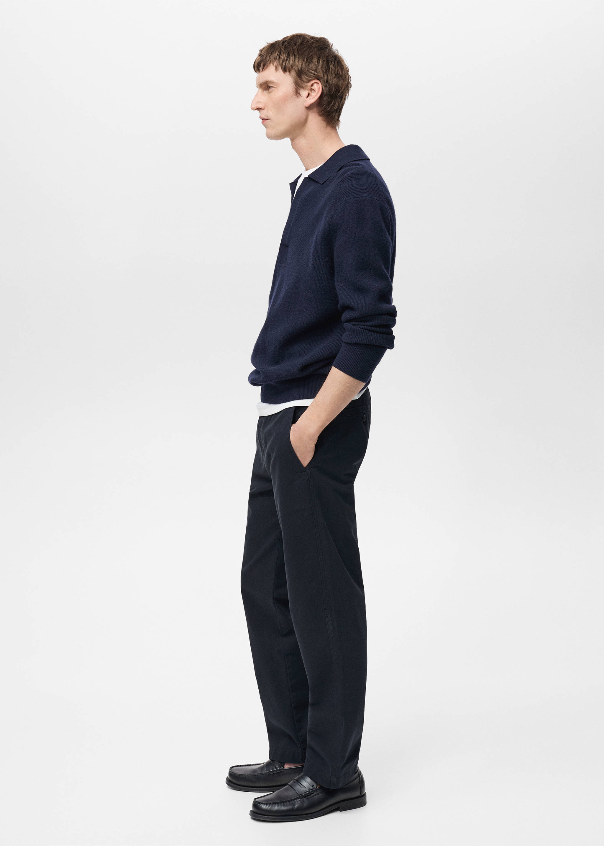 Regular-fit cotton pants with drawstring - Details of the article 3, Dark Navy. Ref: 87060575-00.
