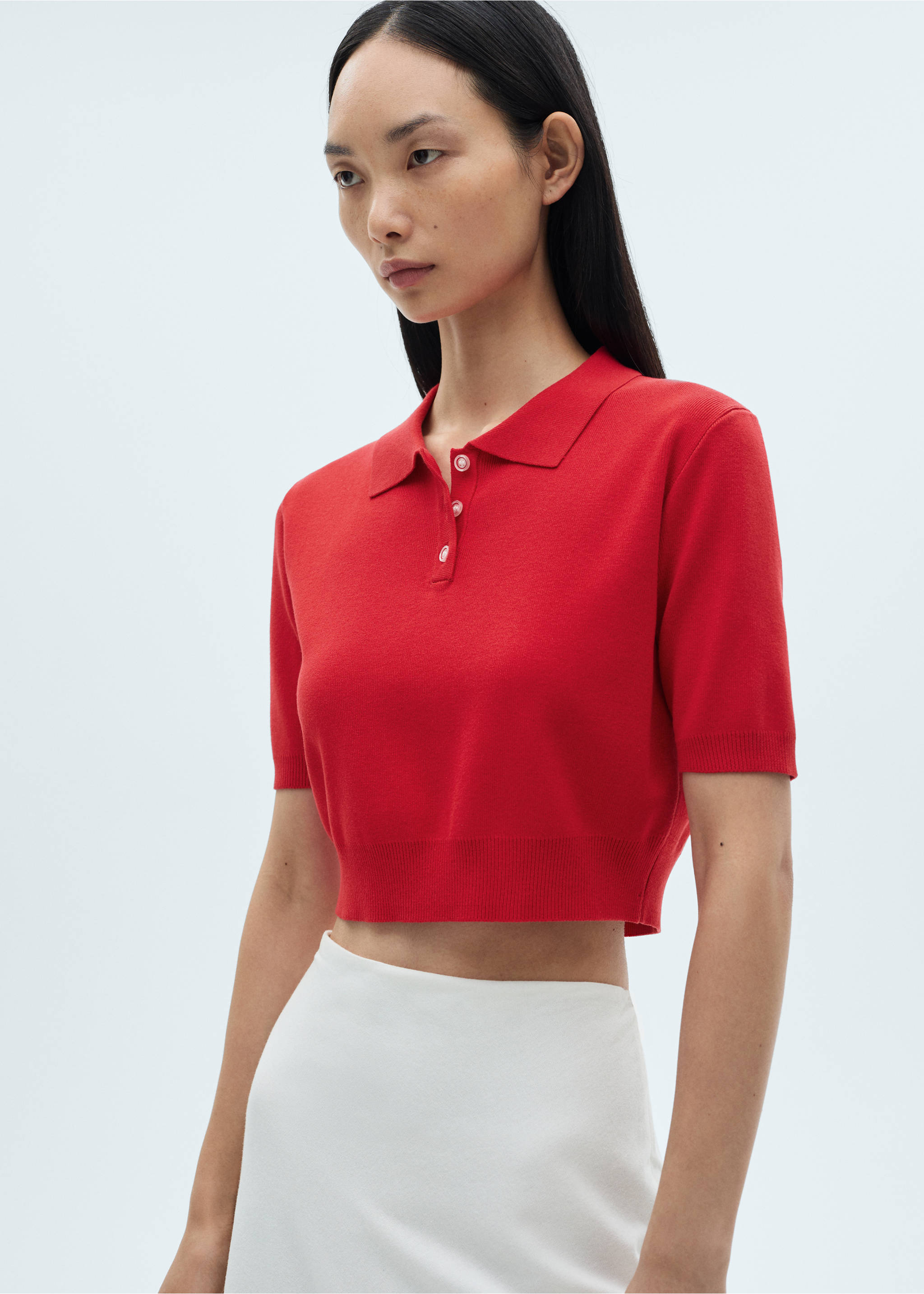 Cropped knitted polo shirt - Medium plane, Red. Ref: 87060586-00.