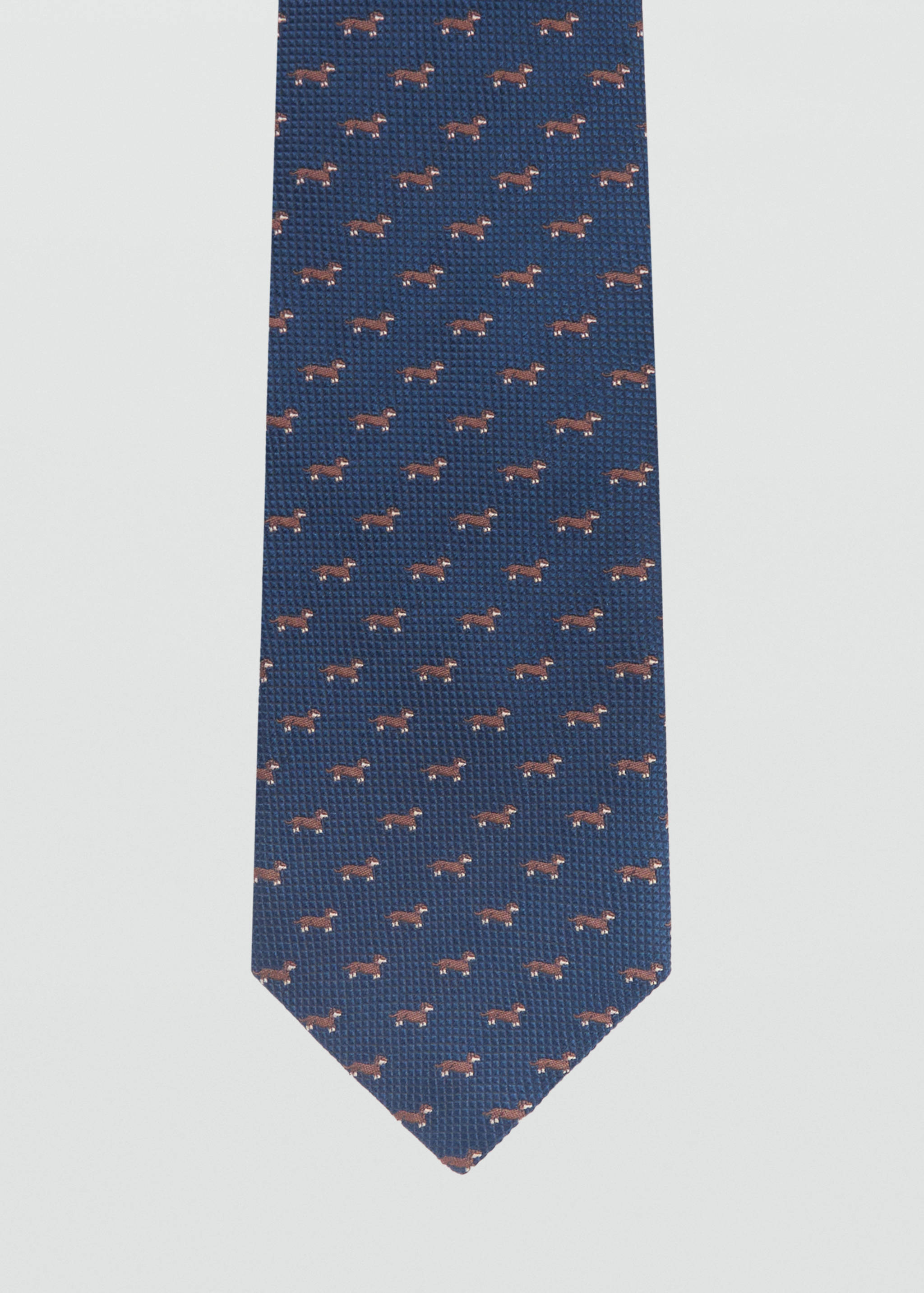 Navy blue textured tie with an embroidered dachshund pattern.
