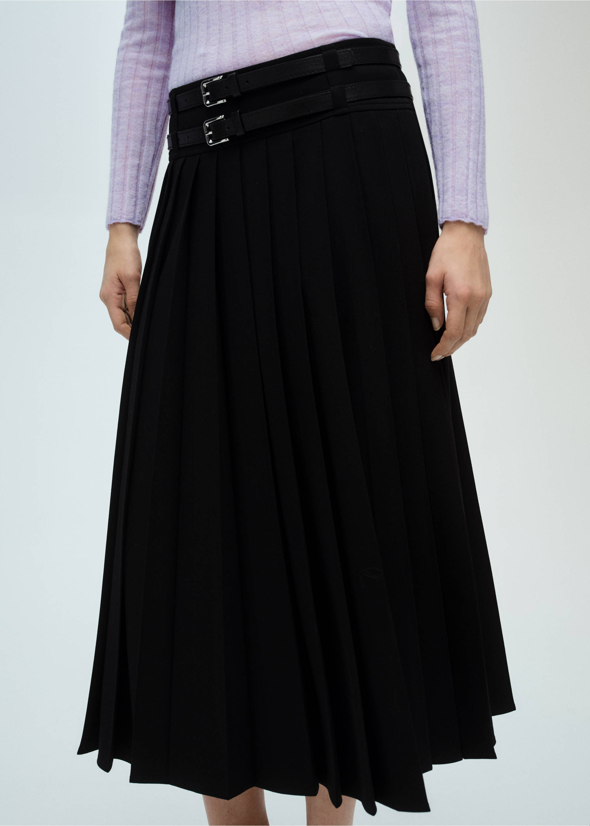 Jupe plissée ceinture double - Plan moyen, Noir. Ref: 87060624-00.