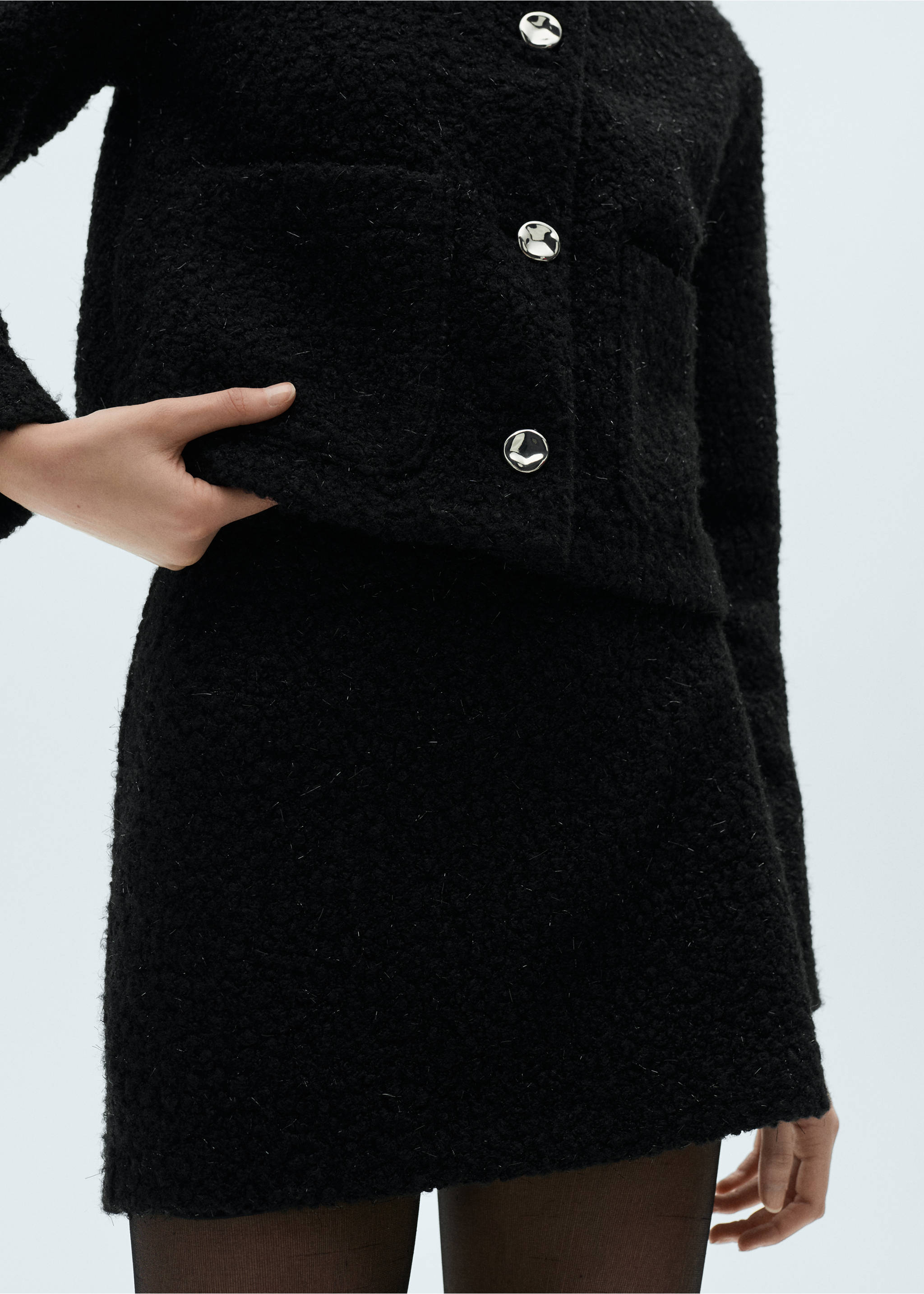 Bouclé mini-skirt - Details of the article 6, Black. Ref: 87060625-00.