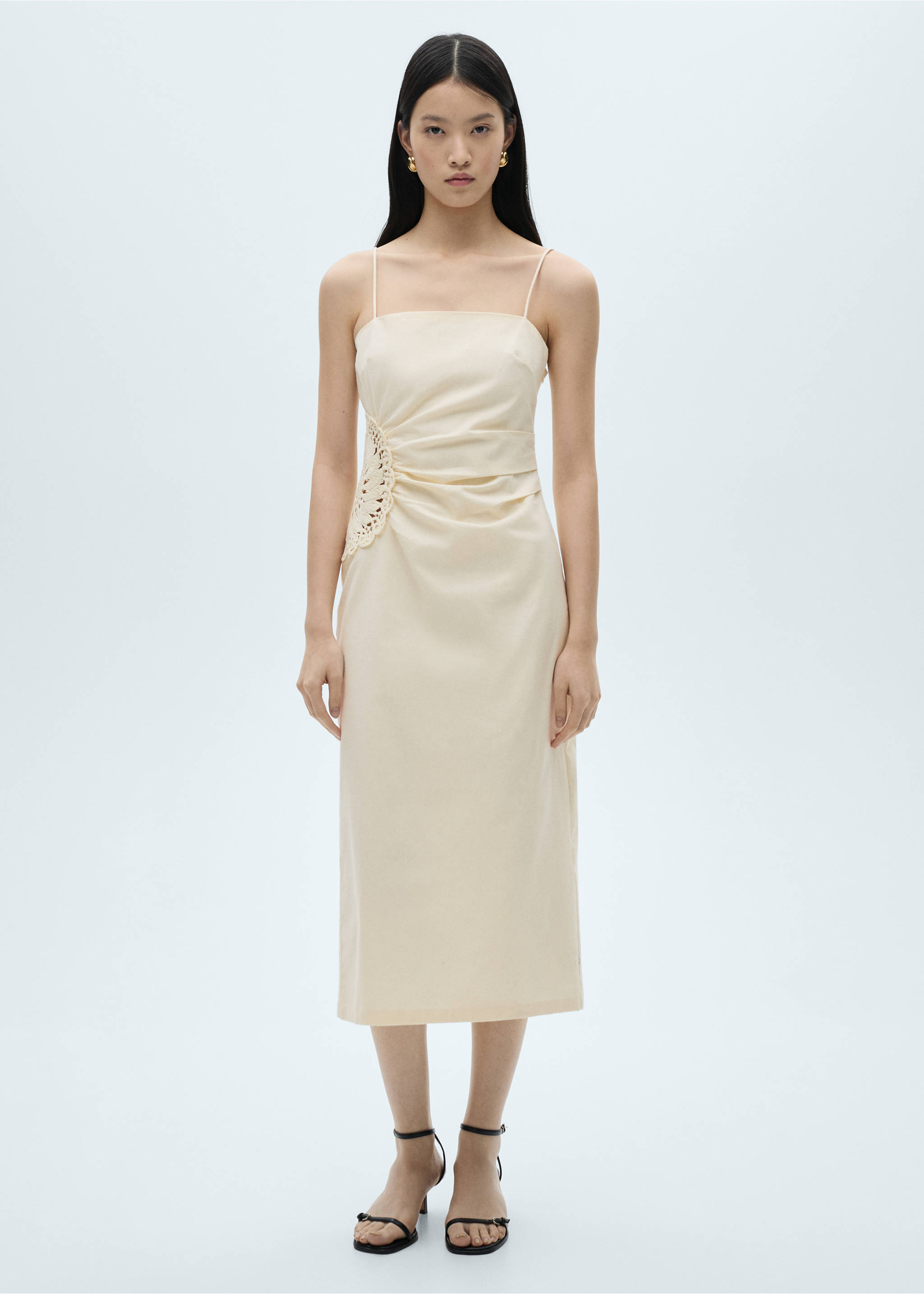 Linen blend dress with openwork flowers - General plane, Ecru. Ref: 87060626-00.