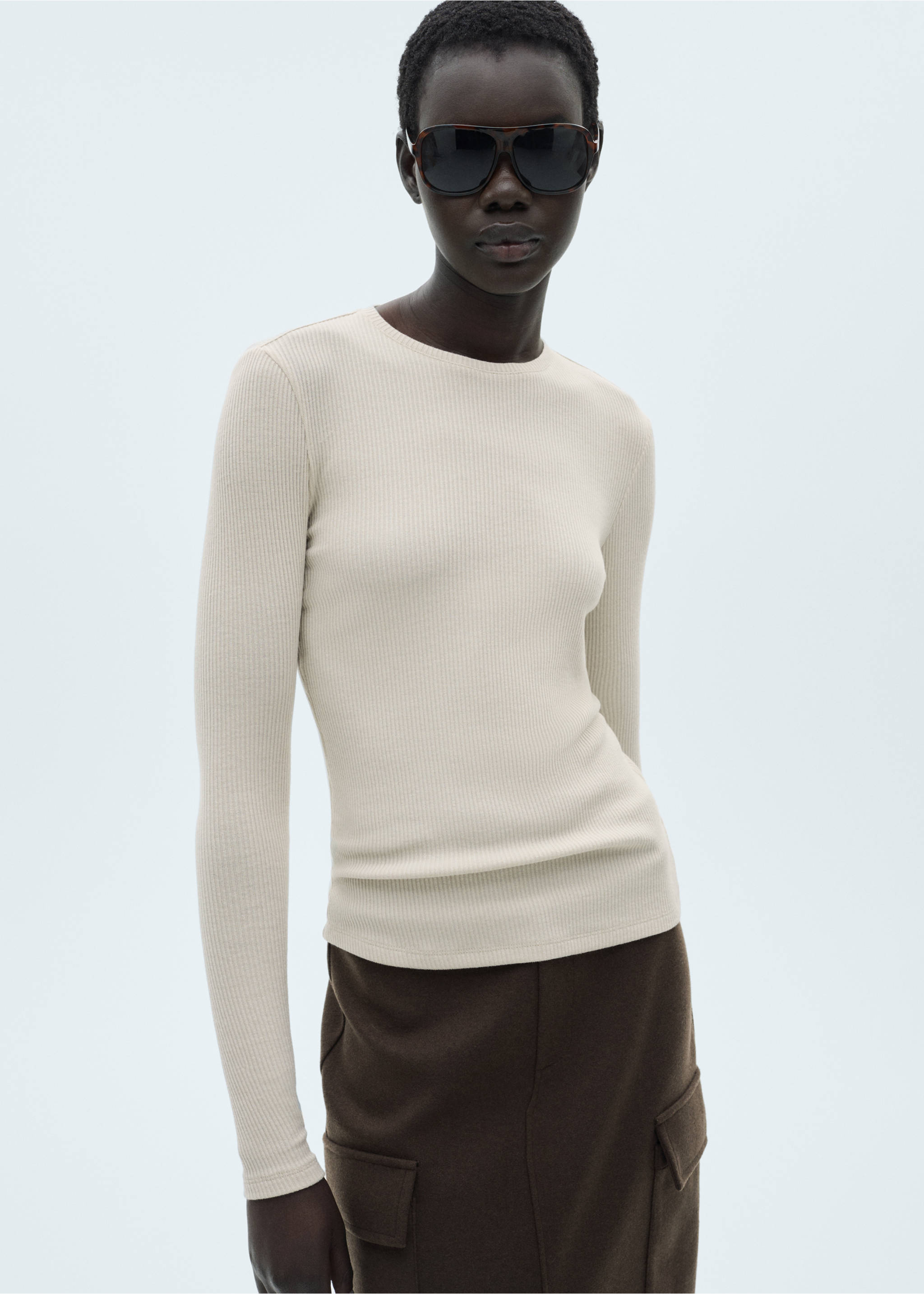 Ribbed  knit t-shirt - Medium plane, Sand. Ref: 87060637-00.
