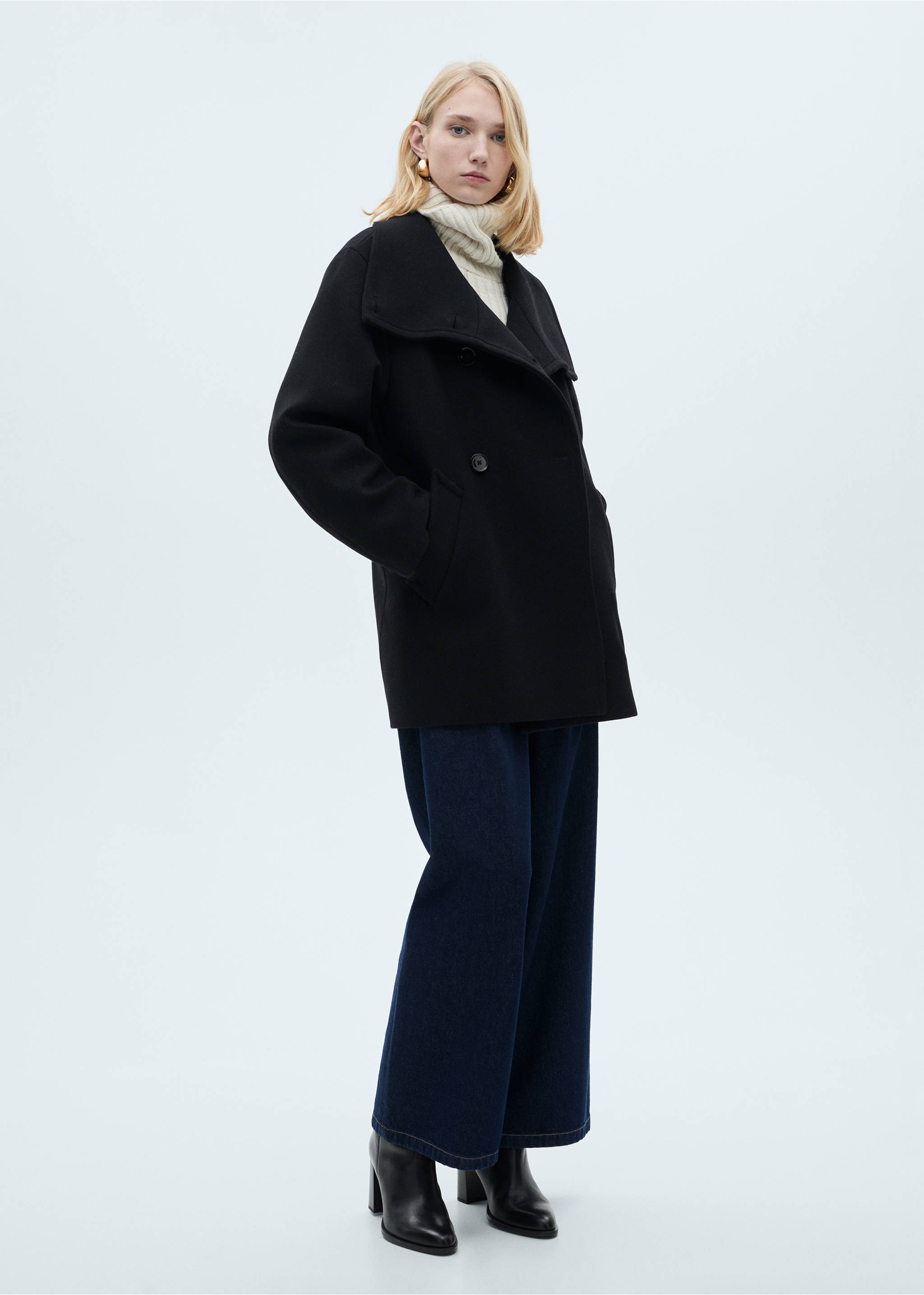 Manteau midi en laine col enveloppant - Plan général, Noir. Ref: 87060640-00.