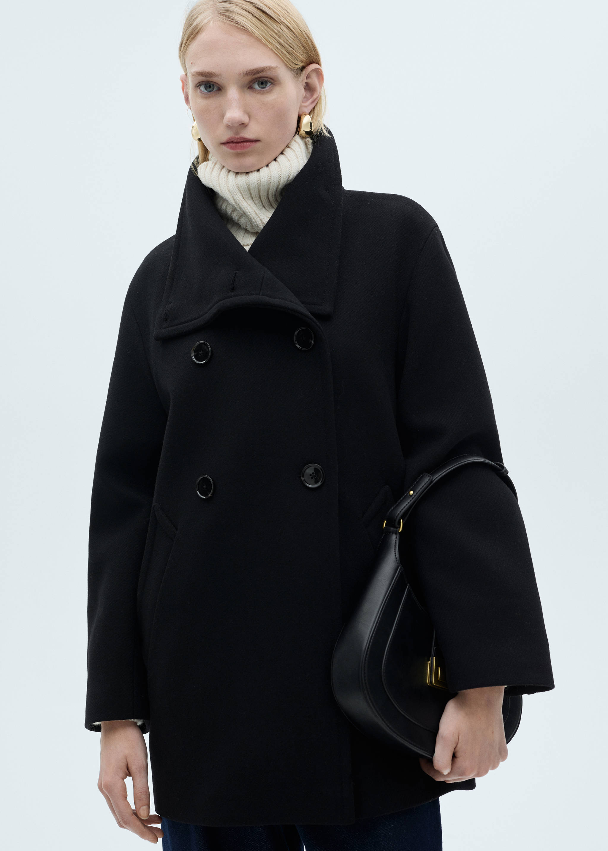 Midi wool coat with wraparound collar - Medium plane