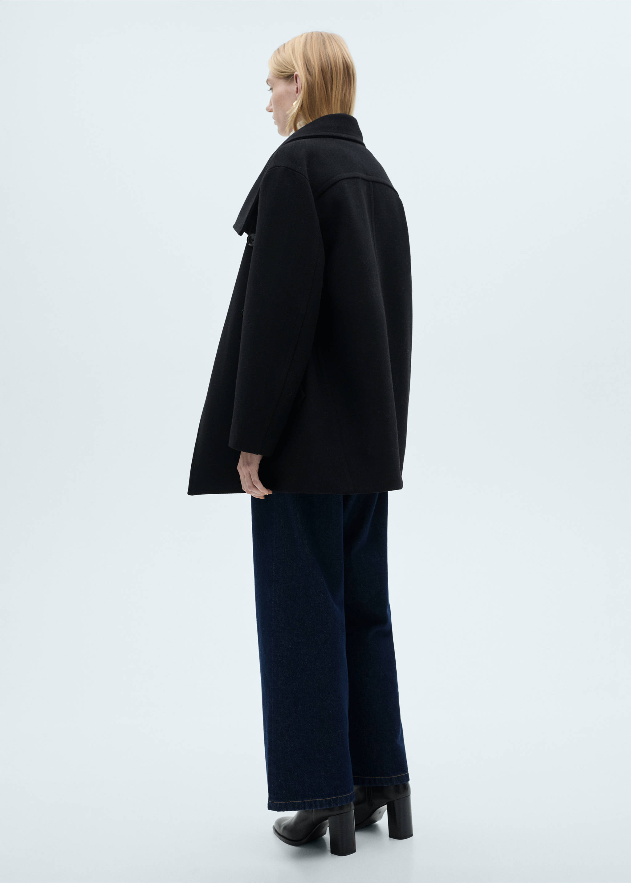 Manteau midi en laine col enveloppant - Verso de l’article, Noir. Ref: 87060640-00.
