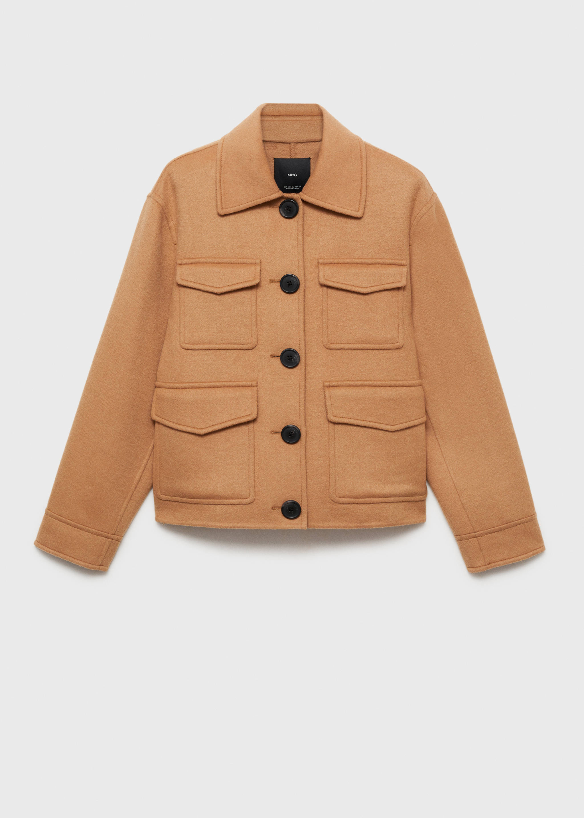 Camel brown jacket with a pointed collar, button closure, and four flap pockets.