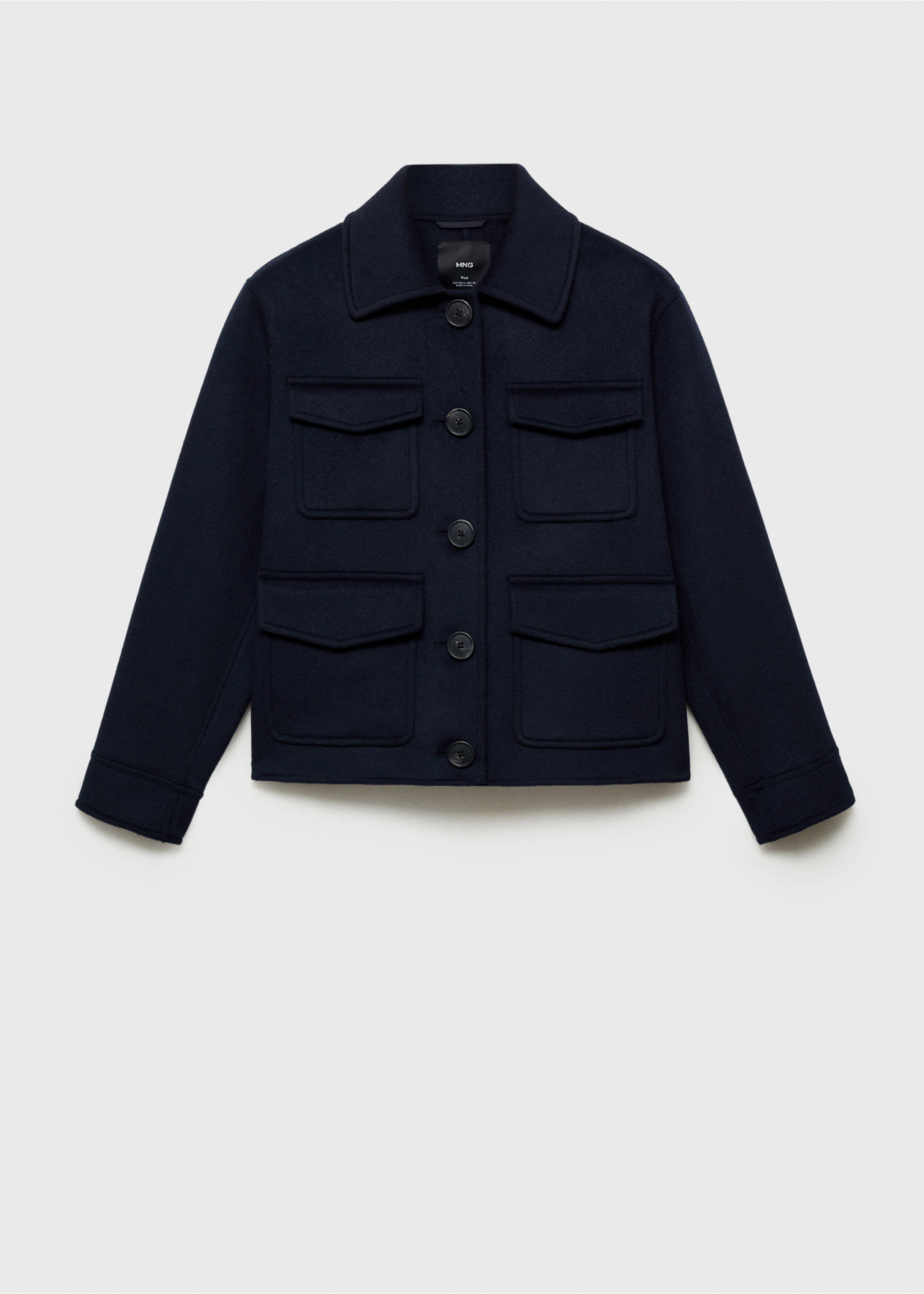 Dark navy blue jacket with a classic collar and four buttoned patch pockets., Dark Navy. Ref: 87062539-00.