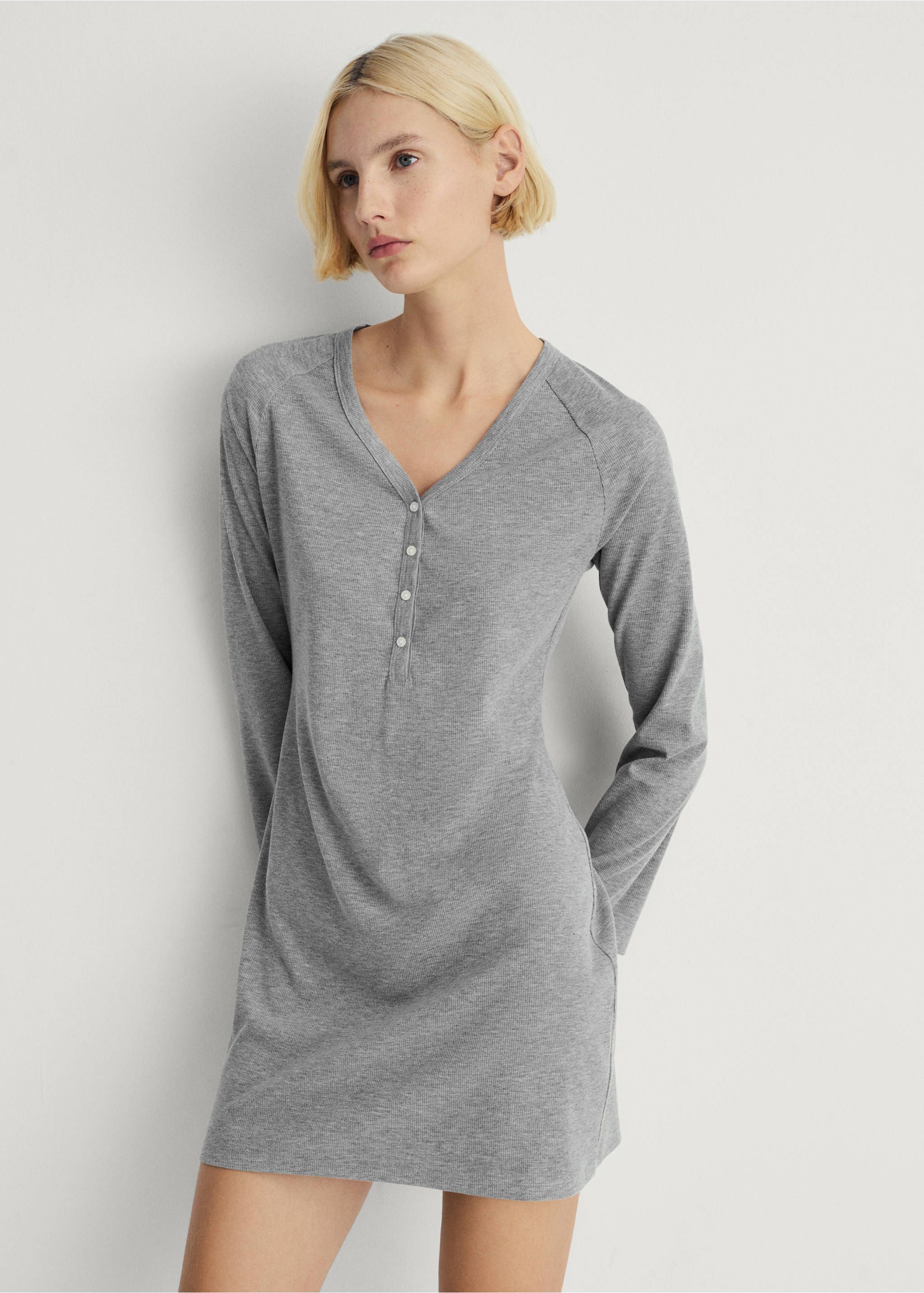 Rib-knit nightgown - Medium plane, Grey. Ref: 87062893-00.
