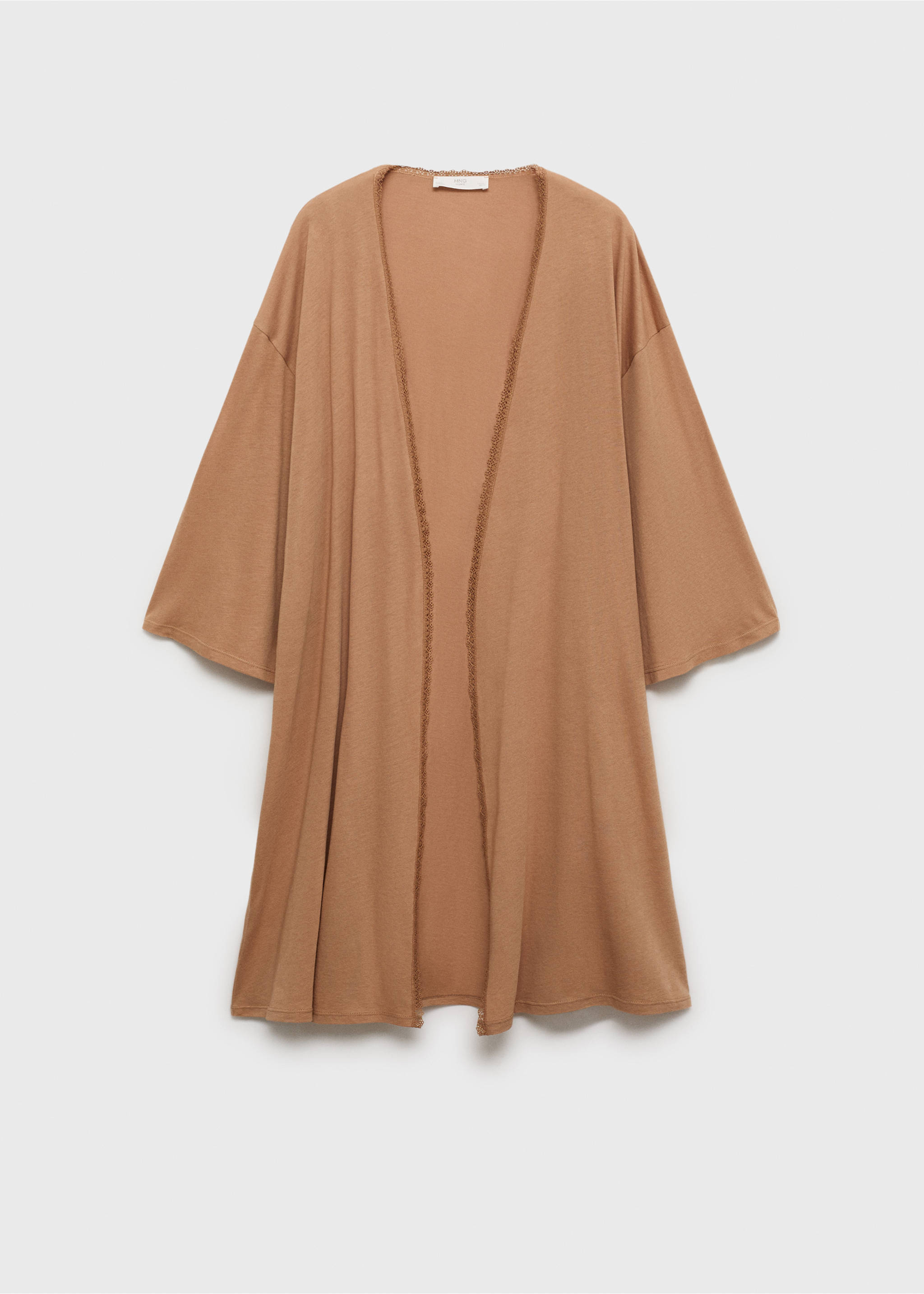 Baumwoll-Morgenmantel mit farblich kontrastierender Spitze - Artikel ohne Model, Mittelbraun. Ref: 87062938-00.