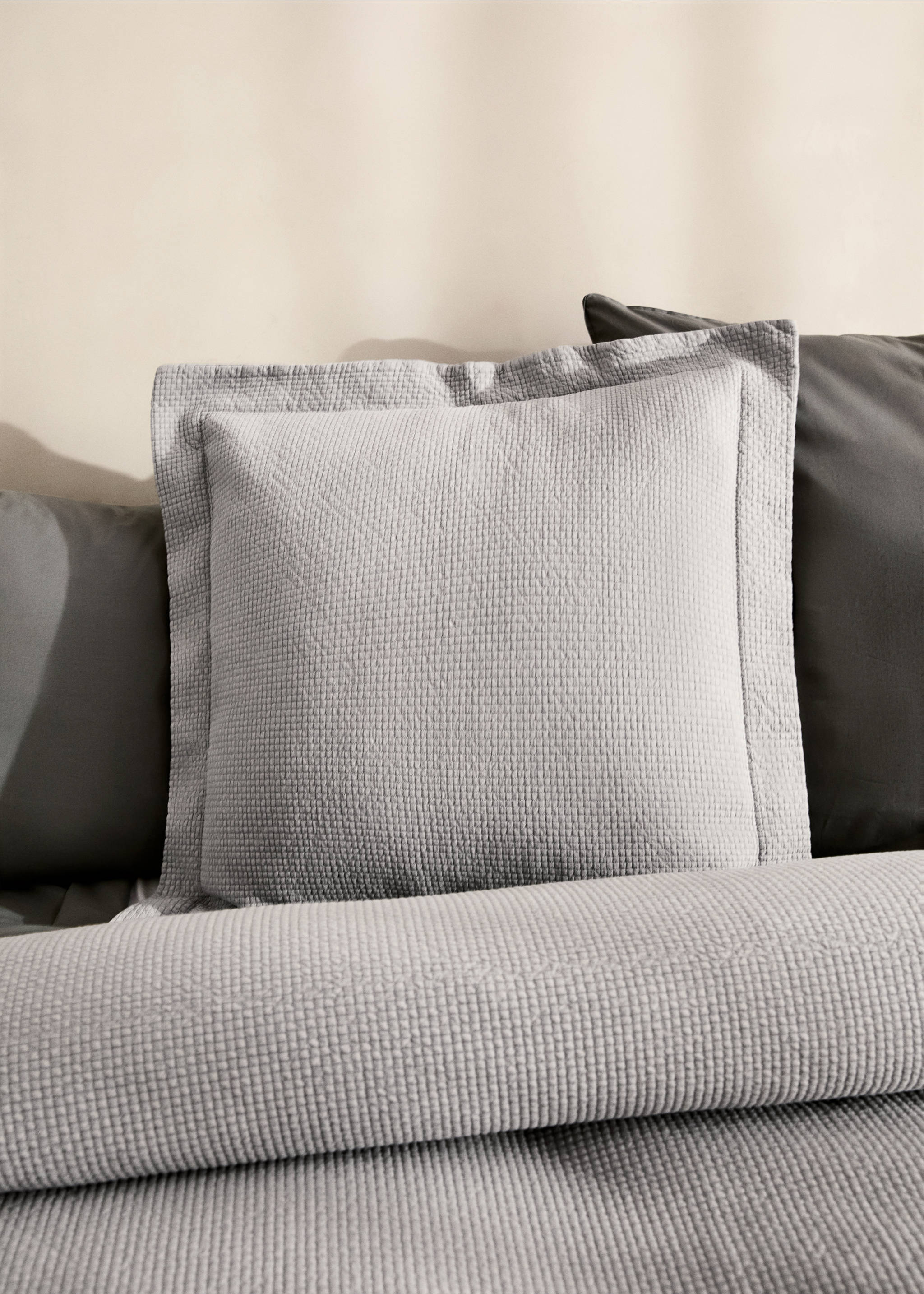 Cotton jacquard mini-check bed cushion cover, 50x50 cm - General plane, Grey. Ref: 87062944-00.