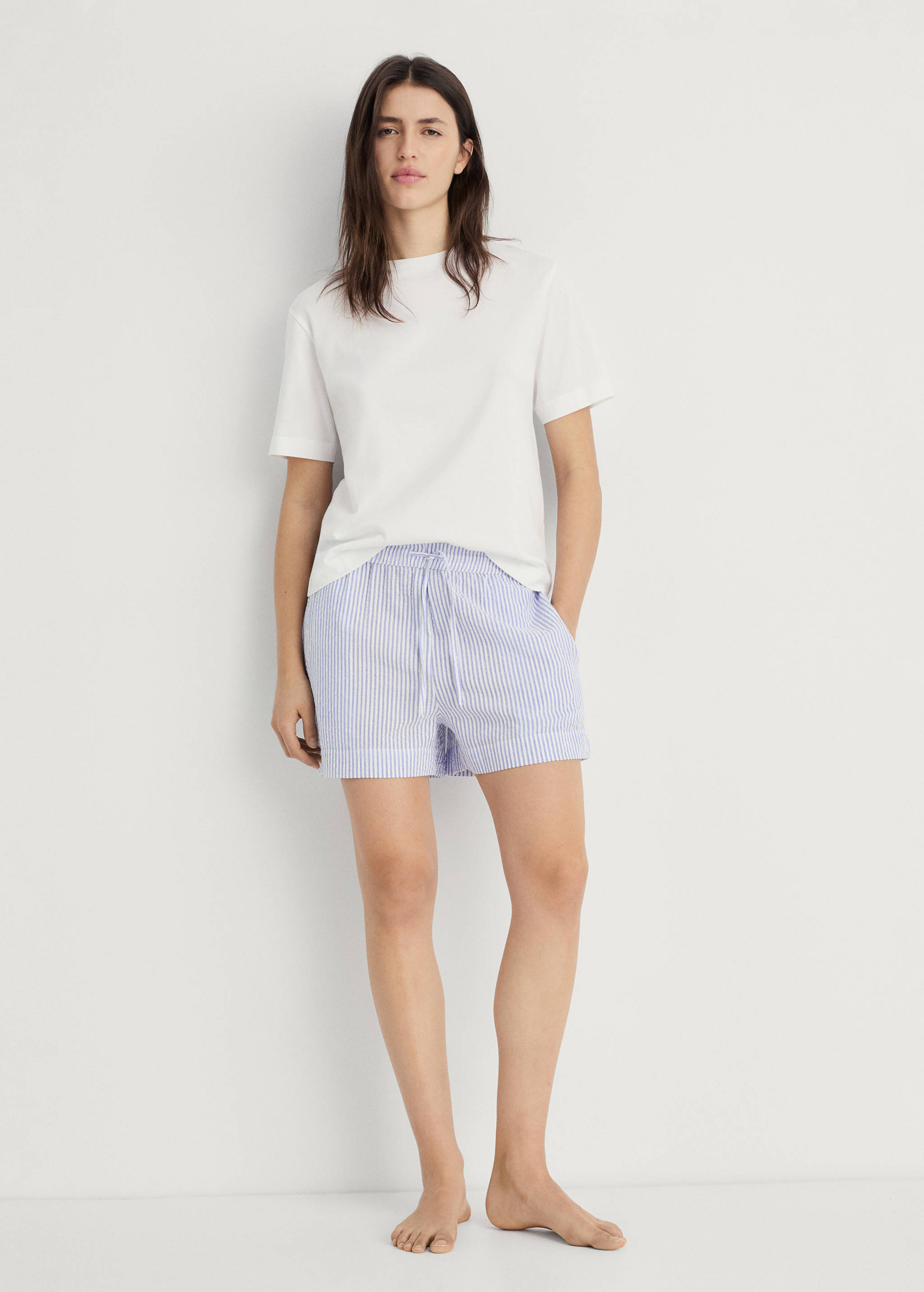 Two-piece striped seersucker pyjama shorts - General plane