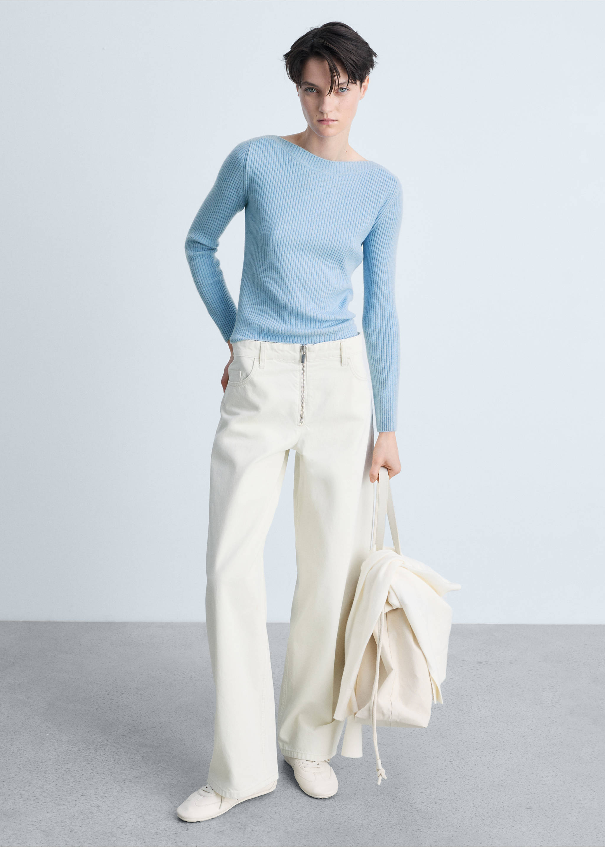 Gerippter Pullover mit Bateau-Ausschnitt - Allgemeine Ansicht, Himmelblau. Ref: 87063286-00.