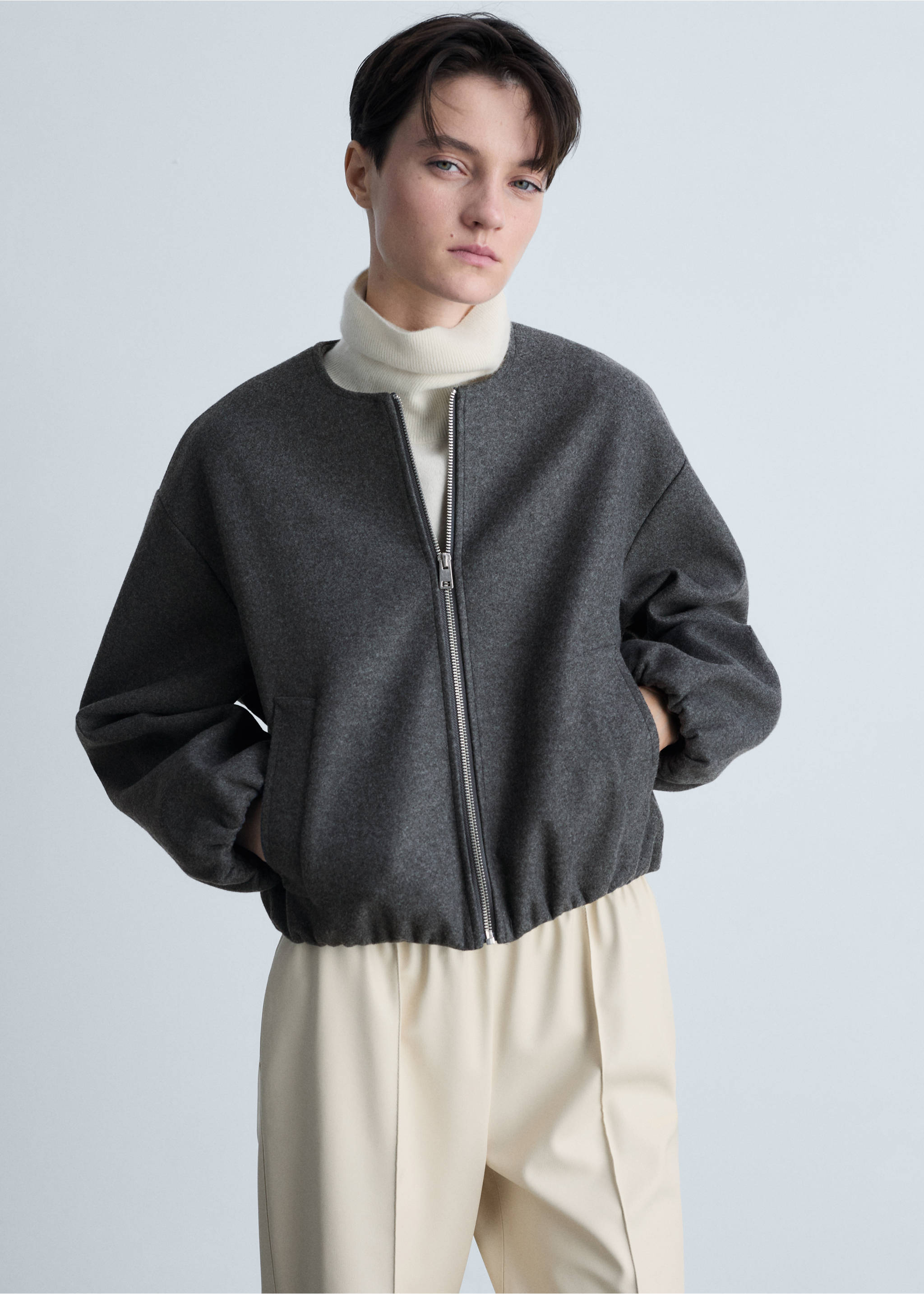Gathered bomber jacket - Medium plane, Grey. Ref: 87063290-00.