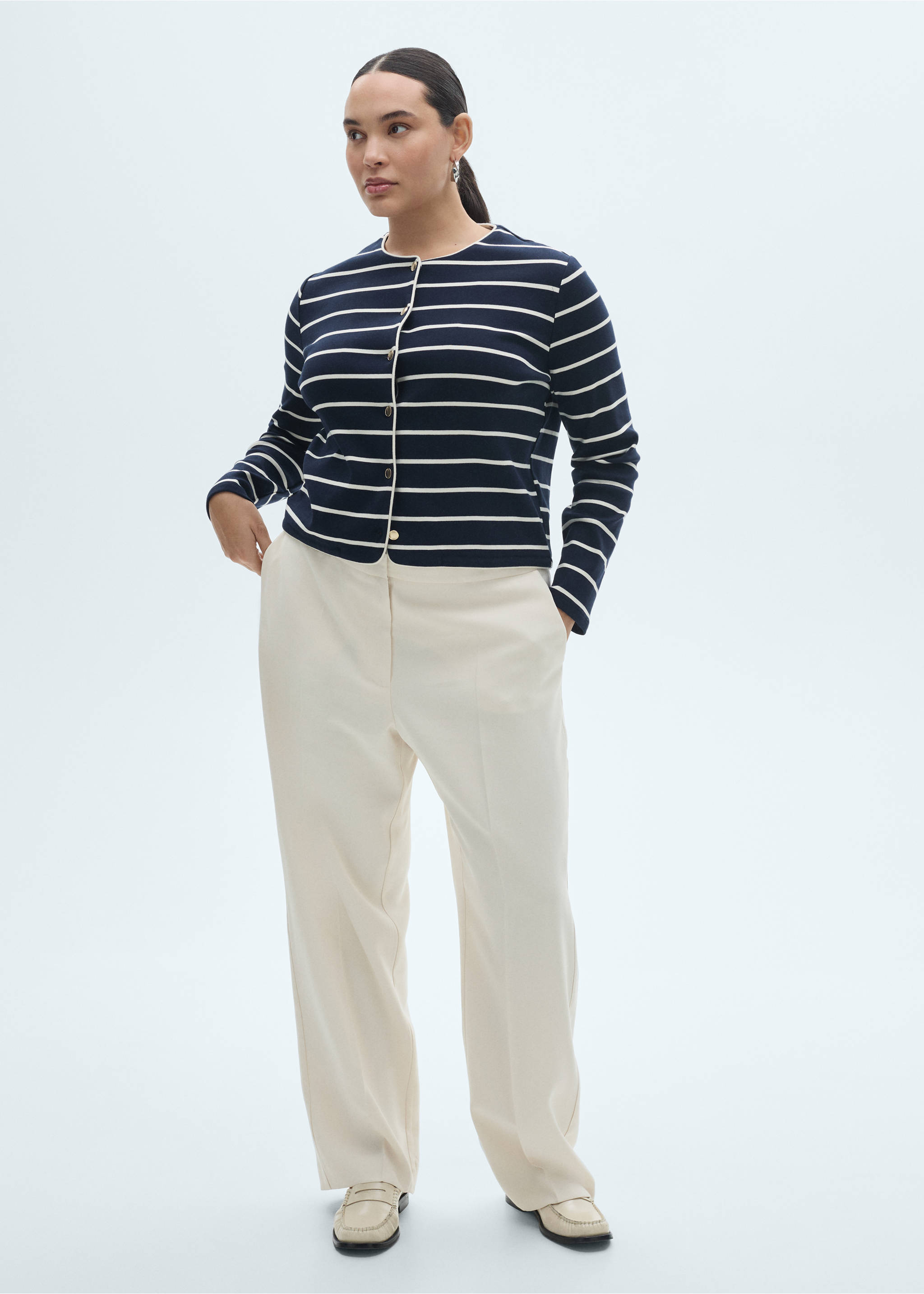 Stripped knit cardigan - Details of the article 3, Dark Navy. Ref: 87064079-00.