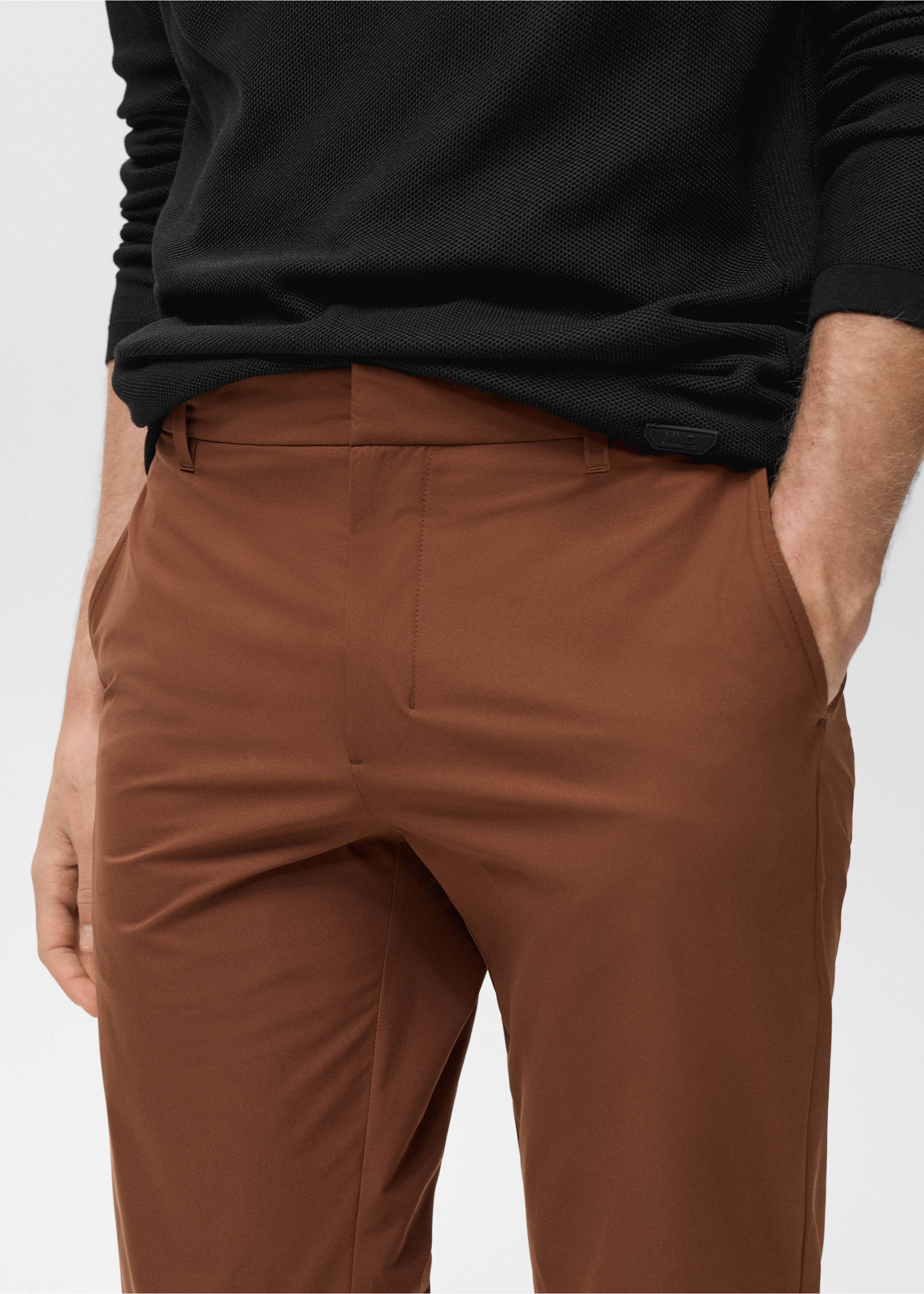 Stretch fabric slim-fit trousers with drawstring - Details of the article 1, Burnt Orange. Ref: 87064389-00.