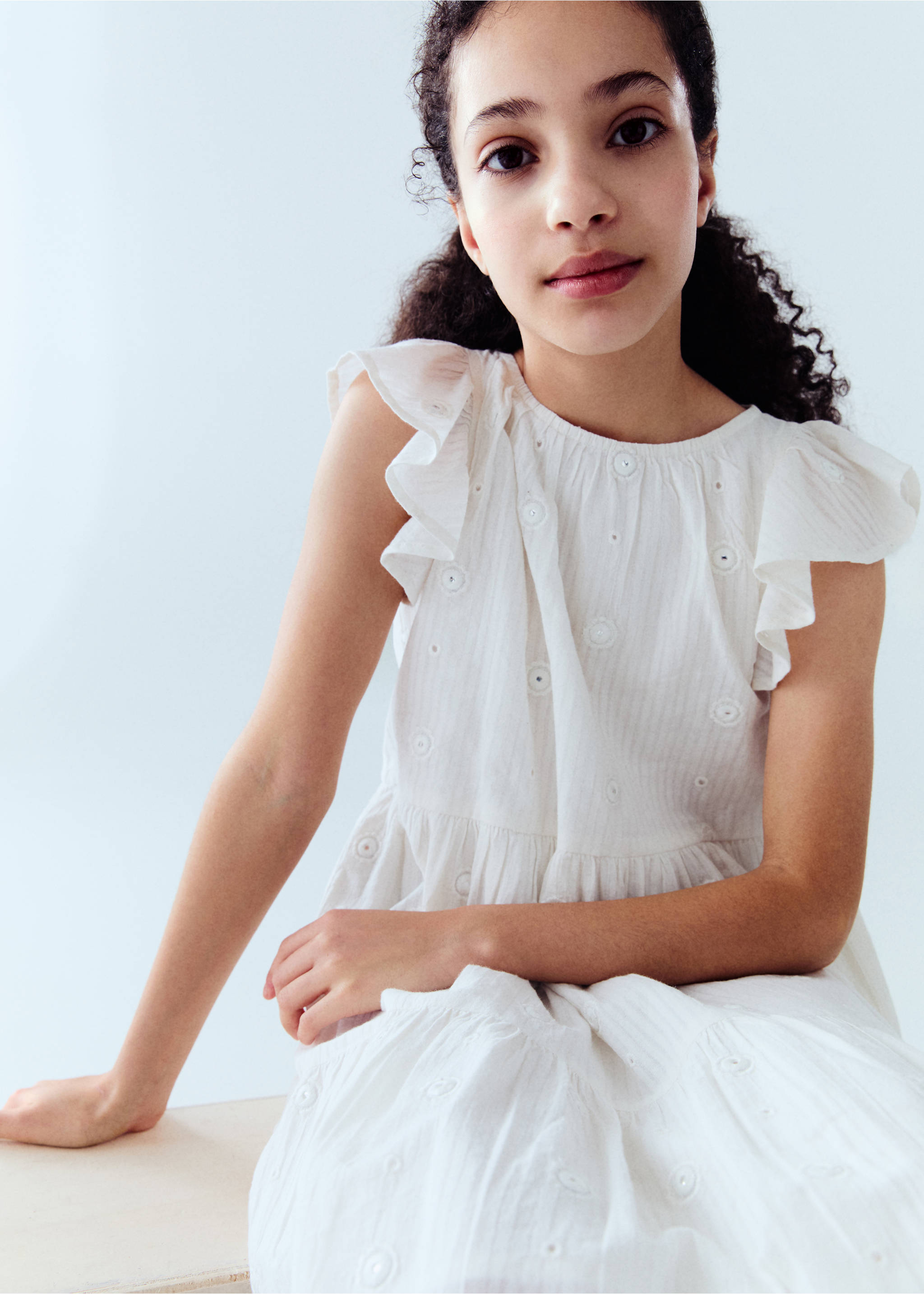 Polka-dots cotton dress - Details of the article 5, Off White. Ref: 87064398-00.