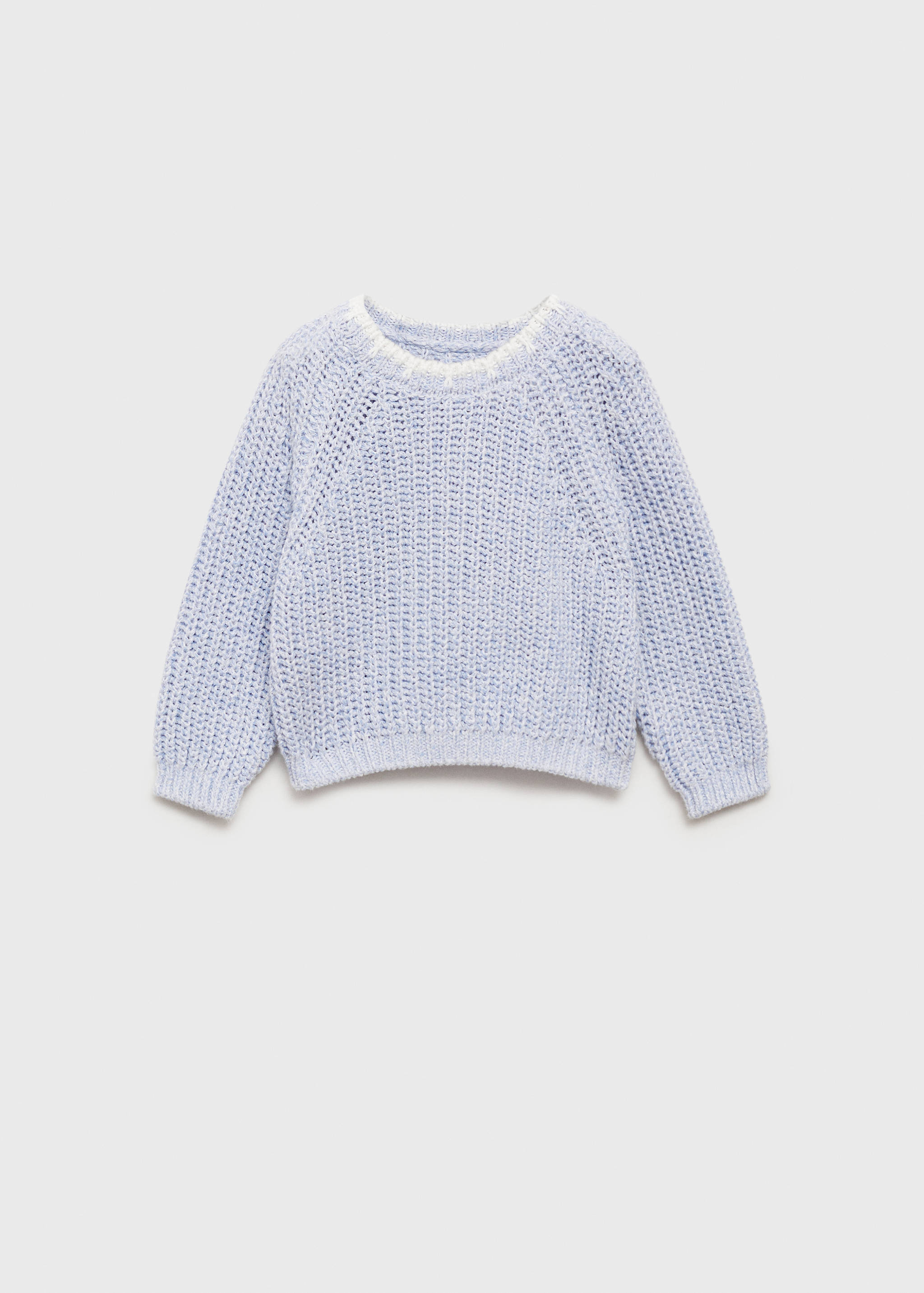Light blue knit jersey with long raglan sleeves and a white ribbed round neckline.
