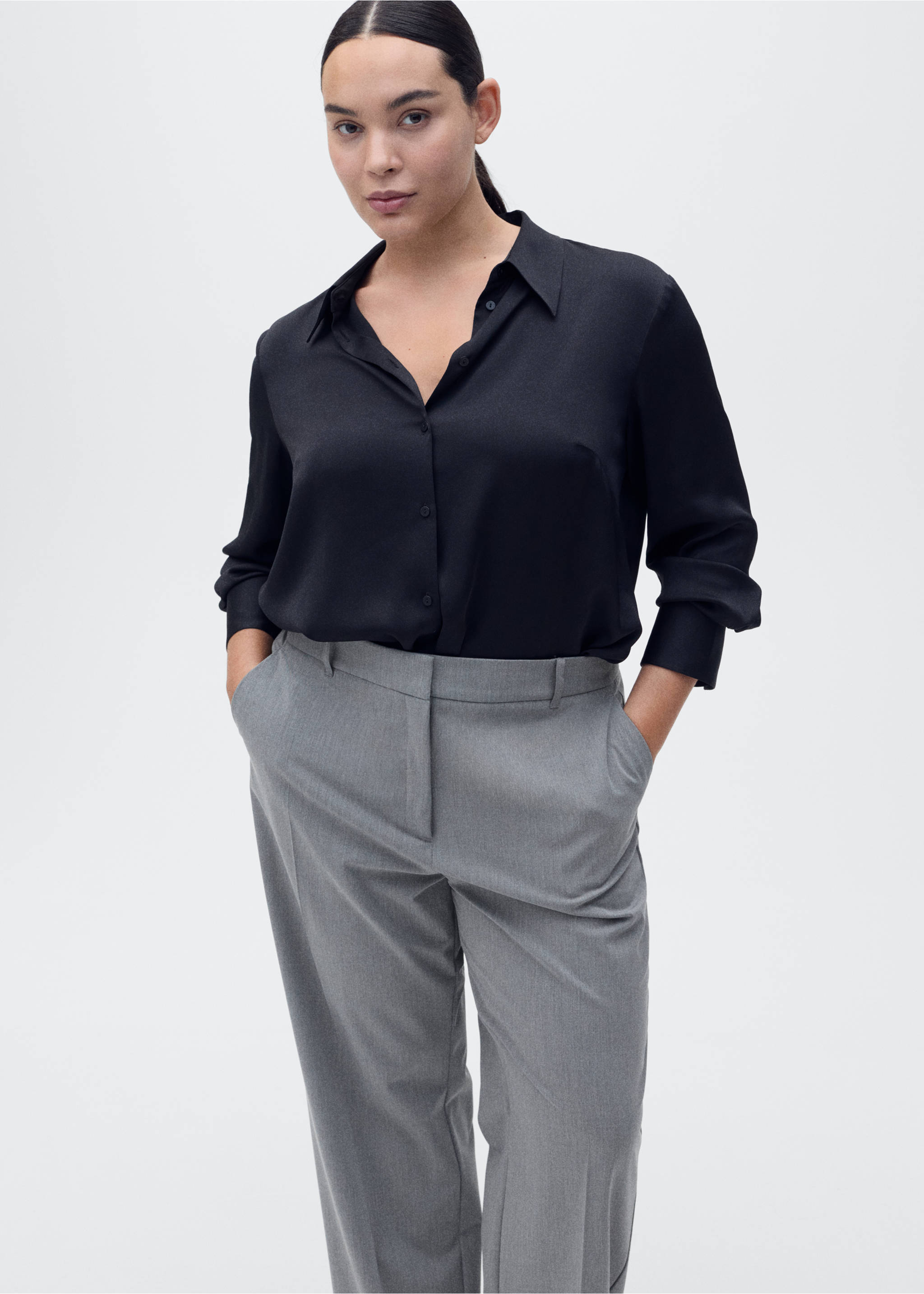 Straight mid-rise trousers - Details of the article 5, Grey. Ref: 87064800-00.