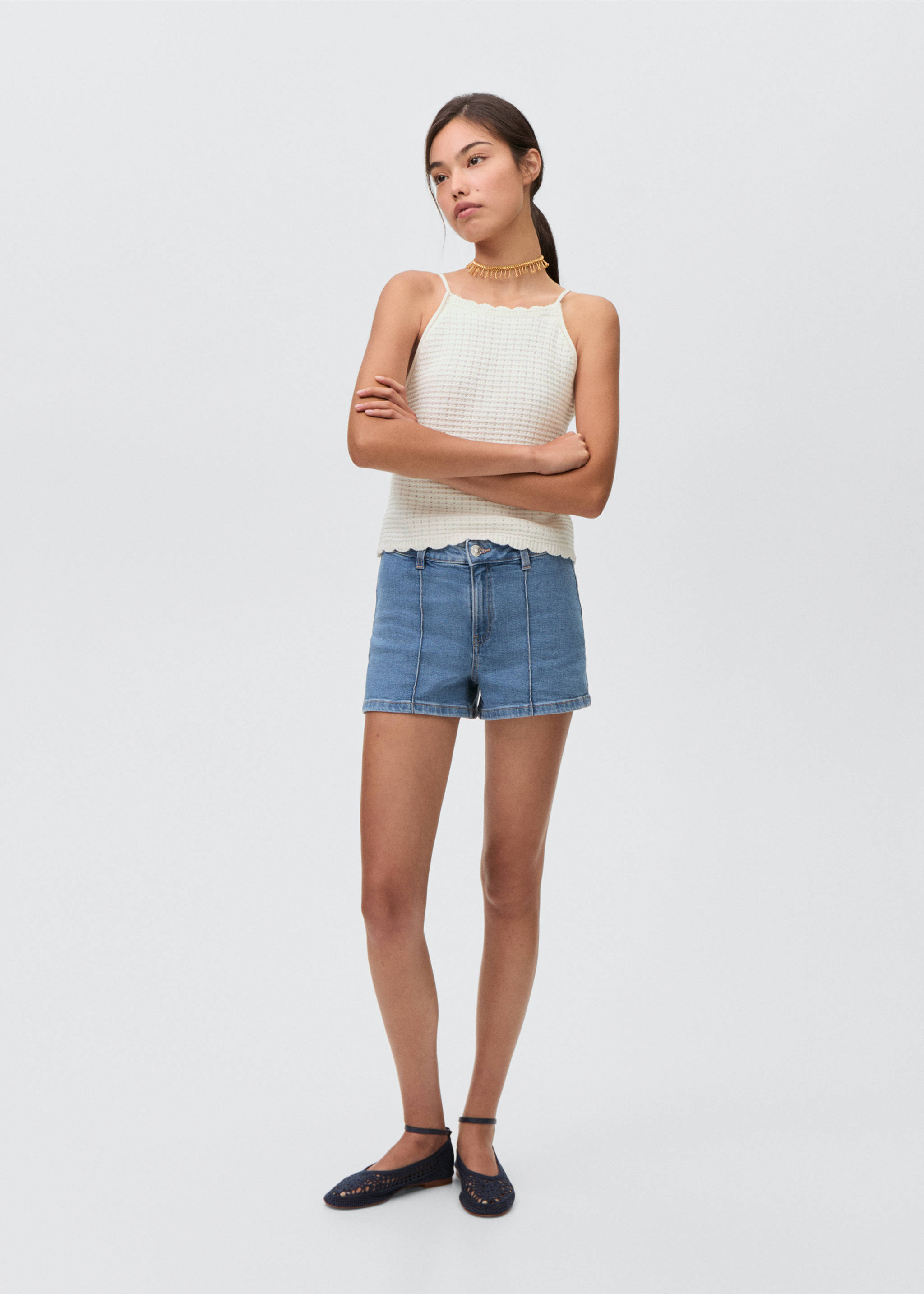 Shorts vaqueros rectos - Plano general, Azul medio. Ref: 87064804-00.