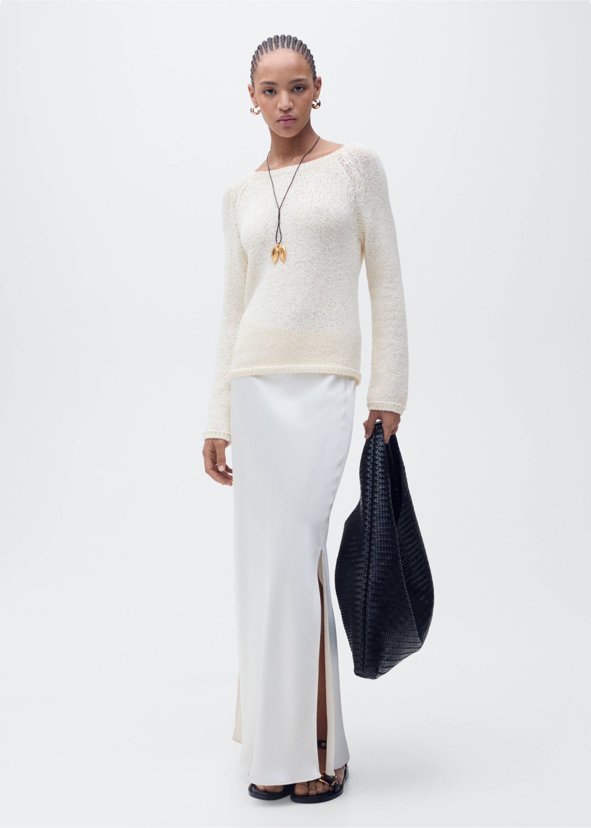 Round-neck crochet sweater - General plane, Ecru. Ref: 87065736-00.