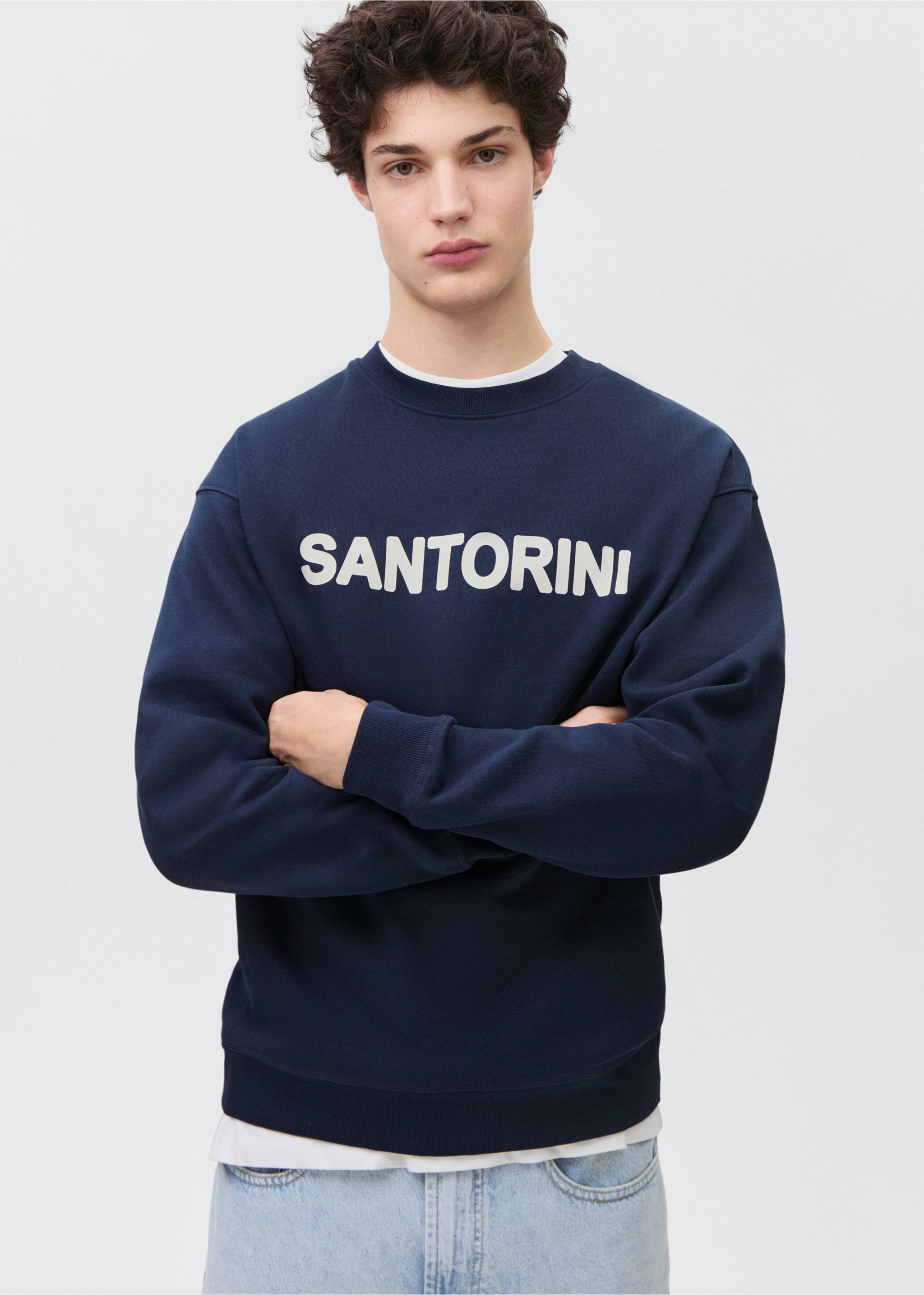 Cotton sweatshirt with printed message - Medium plane, Dark Navy. Ref: 87065737-00.