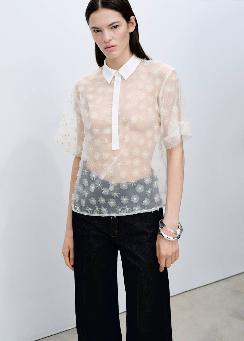 Semi-transparent floral-embroidered shirt - Off White