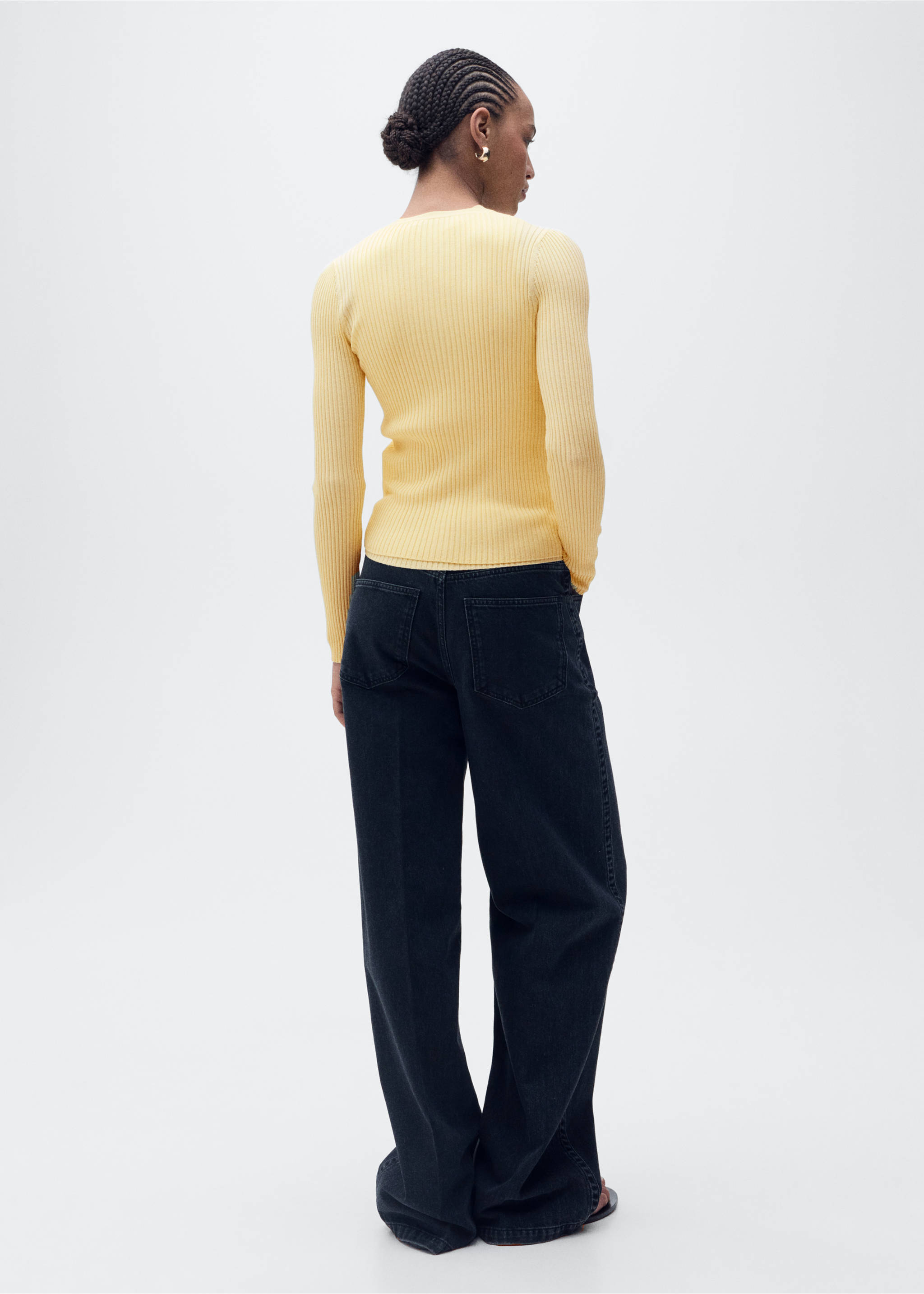 Cardigan maille côtelée col V - Verso de l’article, Jaune pastel. Ref: 87065746-00.