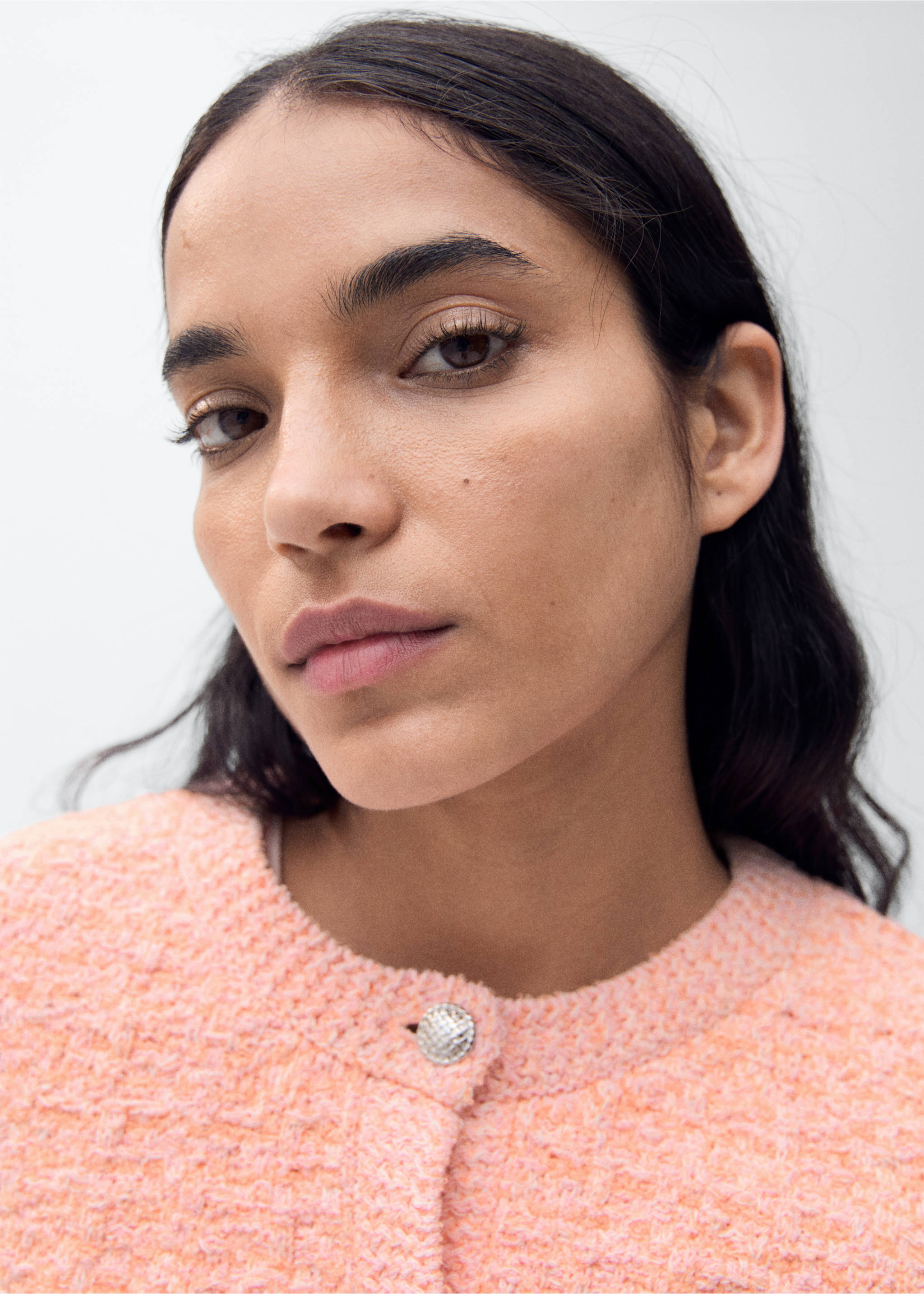 Tweed-effect jacket with jewel buttons - Details of the article 1, Pastel Pink. Ref: 87065763-00.