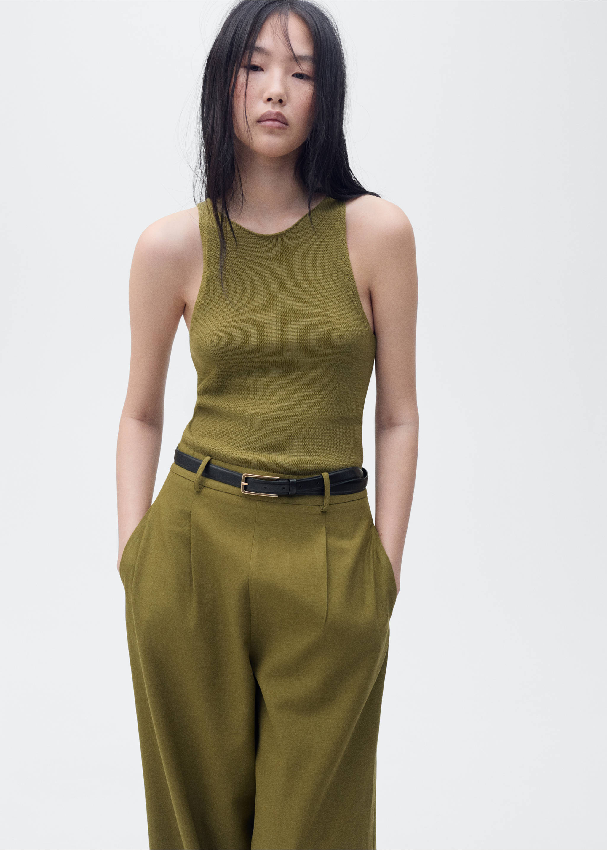 Combined-fabric jumpsuit with belt - Medium plane, Khaki. Ref: 87065769-00.