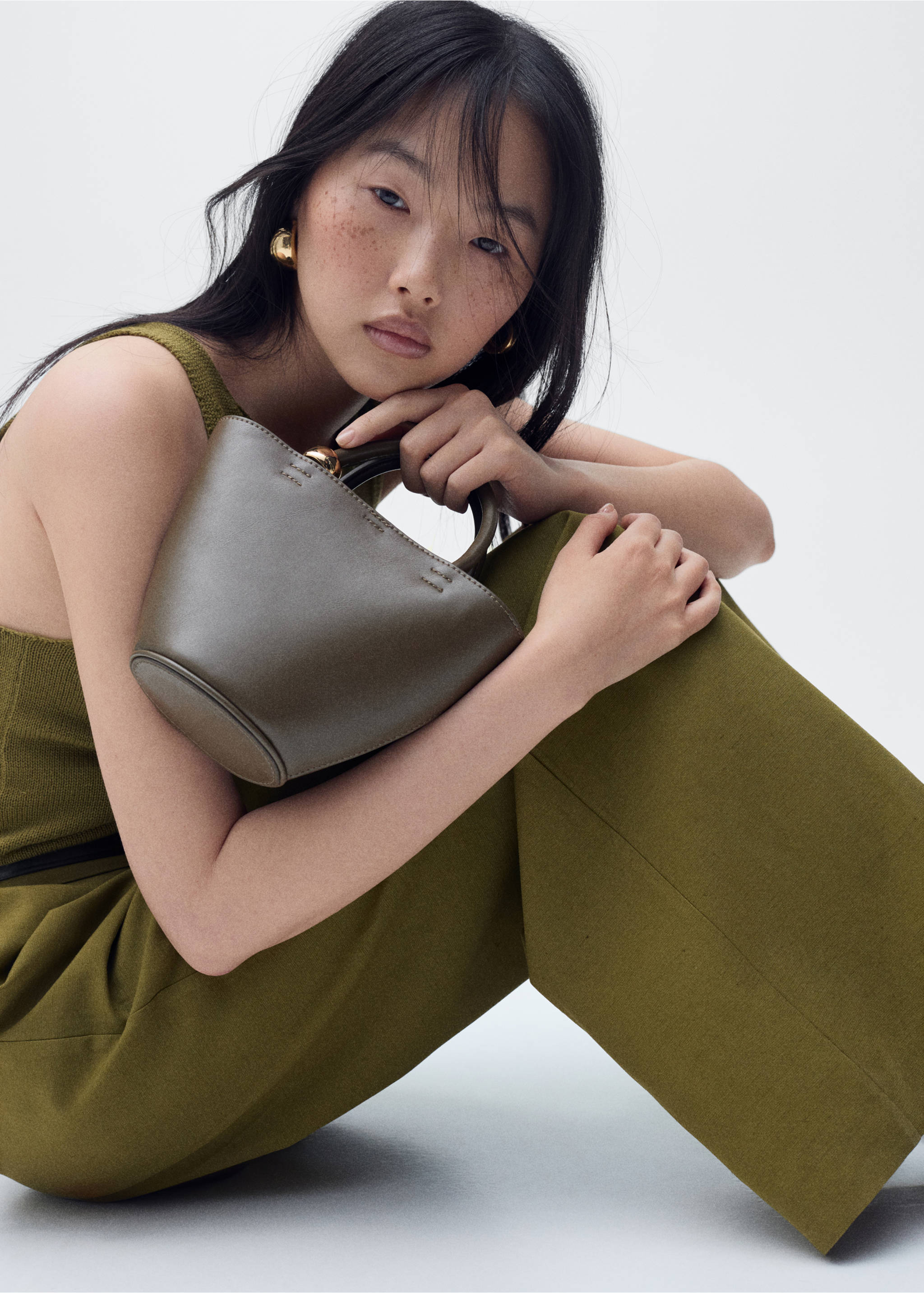 Combined-fabric jumpsuit with belt - Details of the article 2, Khaki. Ref: 87065769-00.