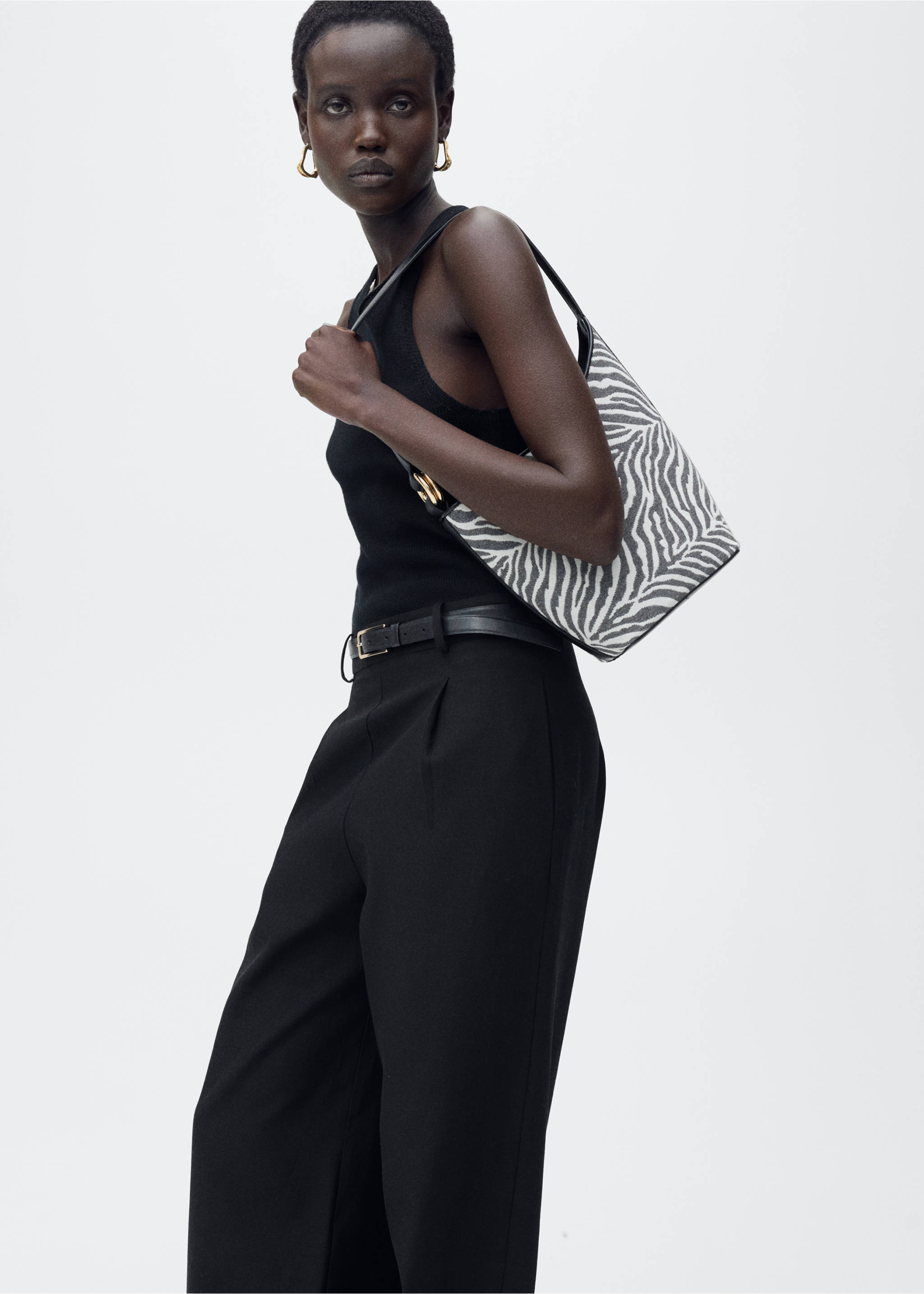 Combined-fabric jumpsuit with belt - Medium plane, Black. Ref: 87065769-00.