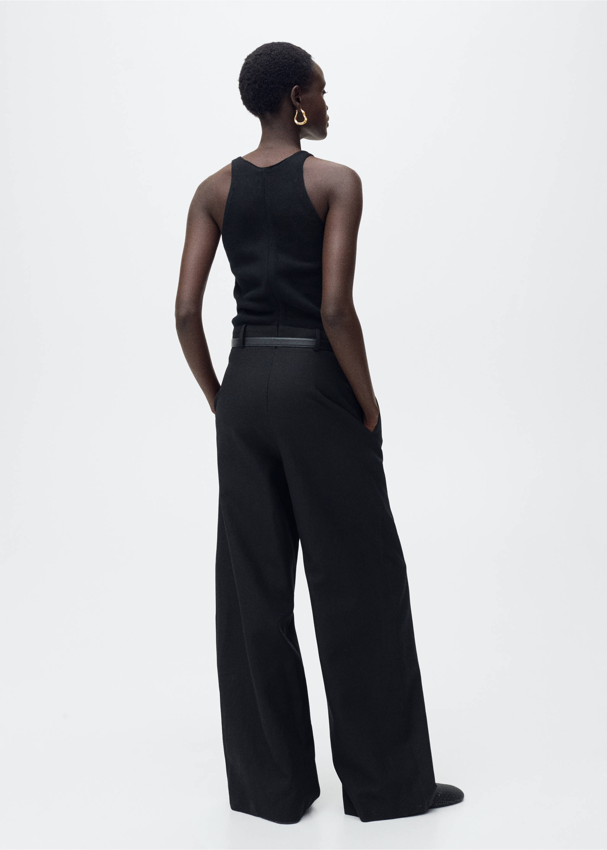 Combined-fabric jumpsuit with belt - Reverse of the article, Black. Ref: 87065769-00.