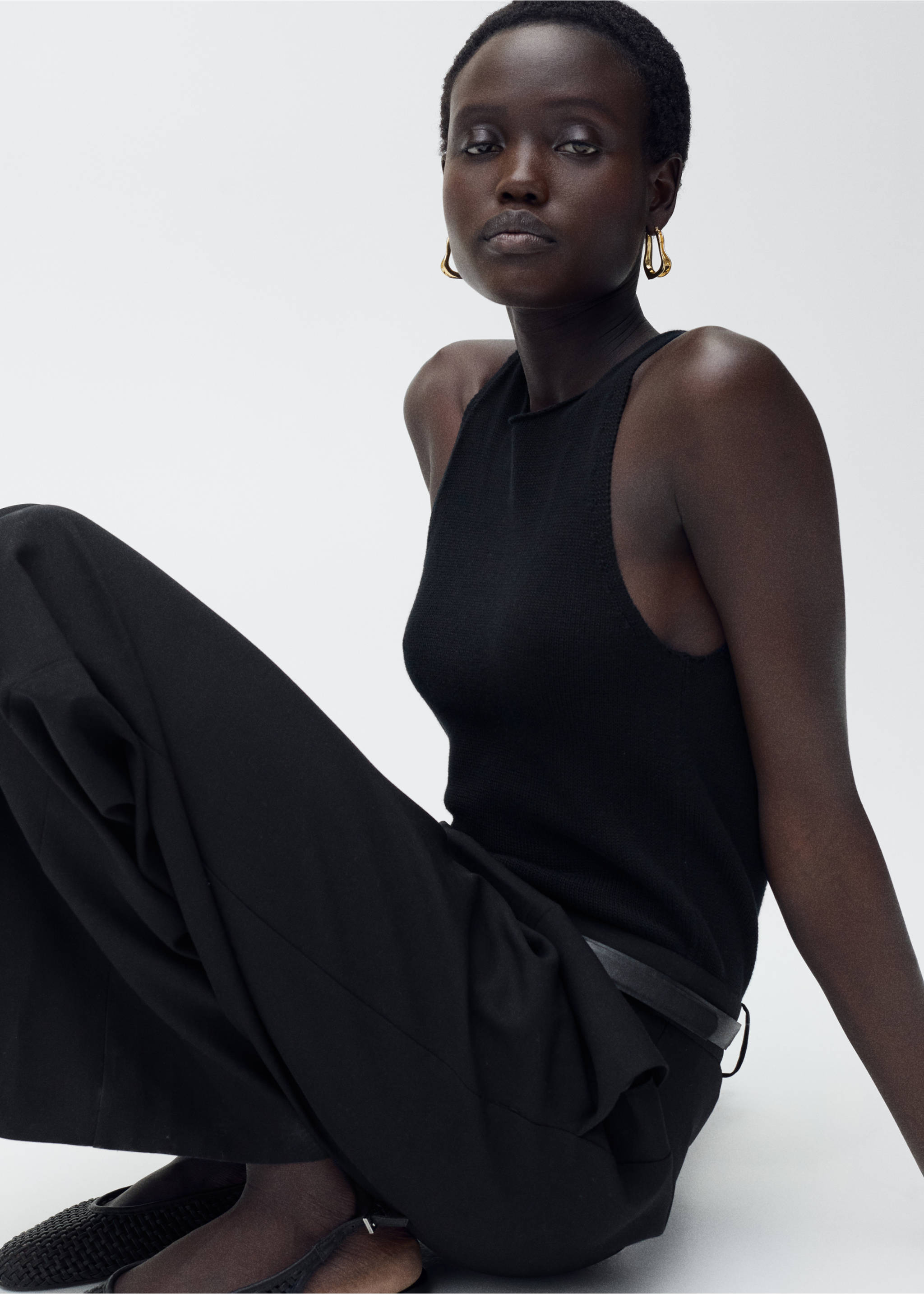 Combined-fabric jumpsuit with belt - Details of the article 2, Black. Ref: 87065769-00.