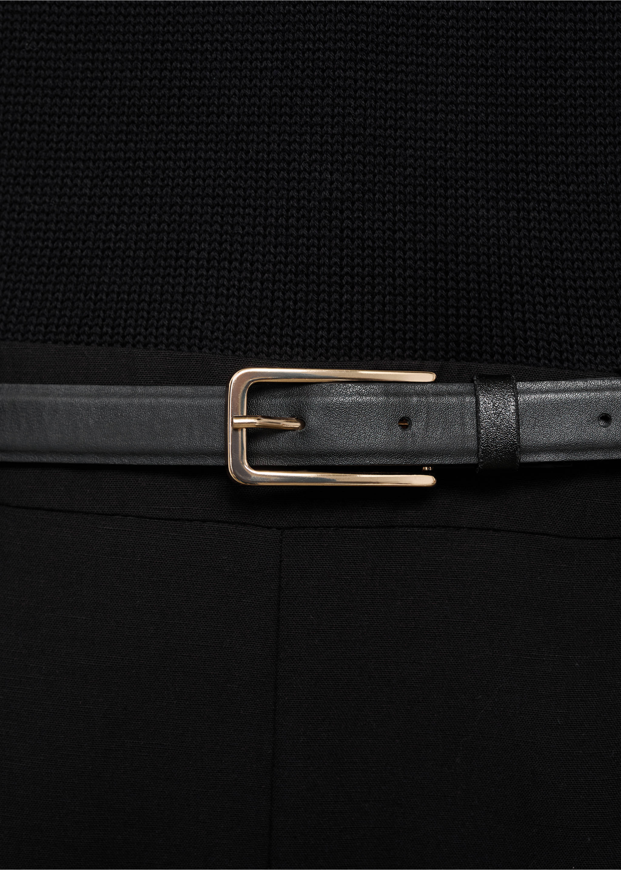 Combined-fabric jumpsuit with belt - Details of the article 8, Black. Ref: 87065769-00.