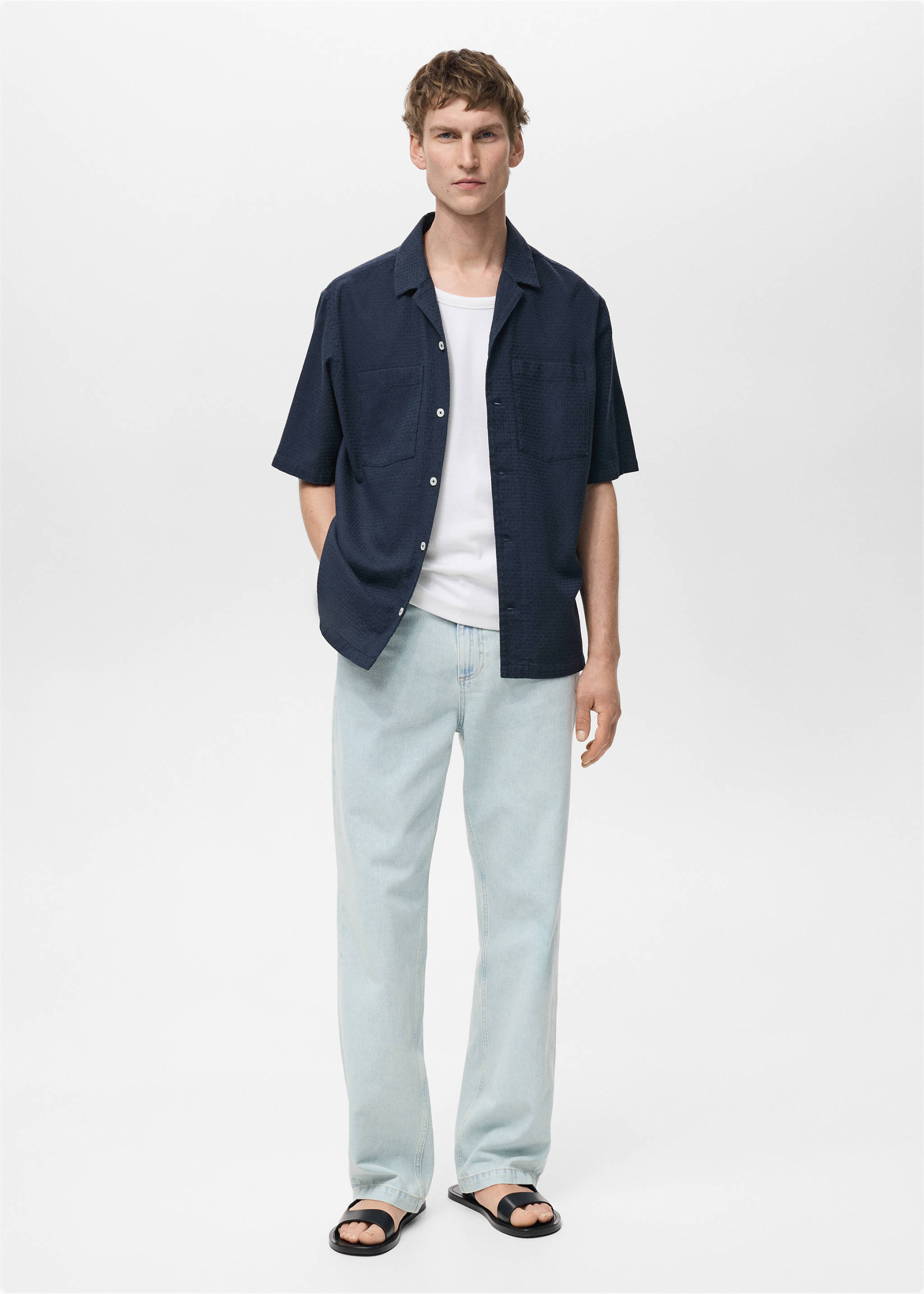 100% cotton check seersucker shirt - General plane, Dark Navy. Ref: 87065929-00.