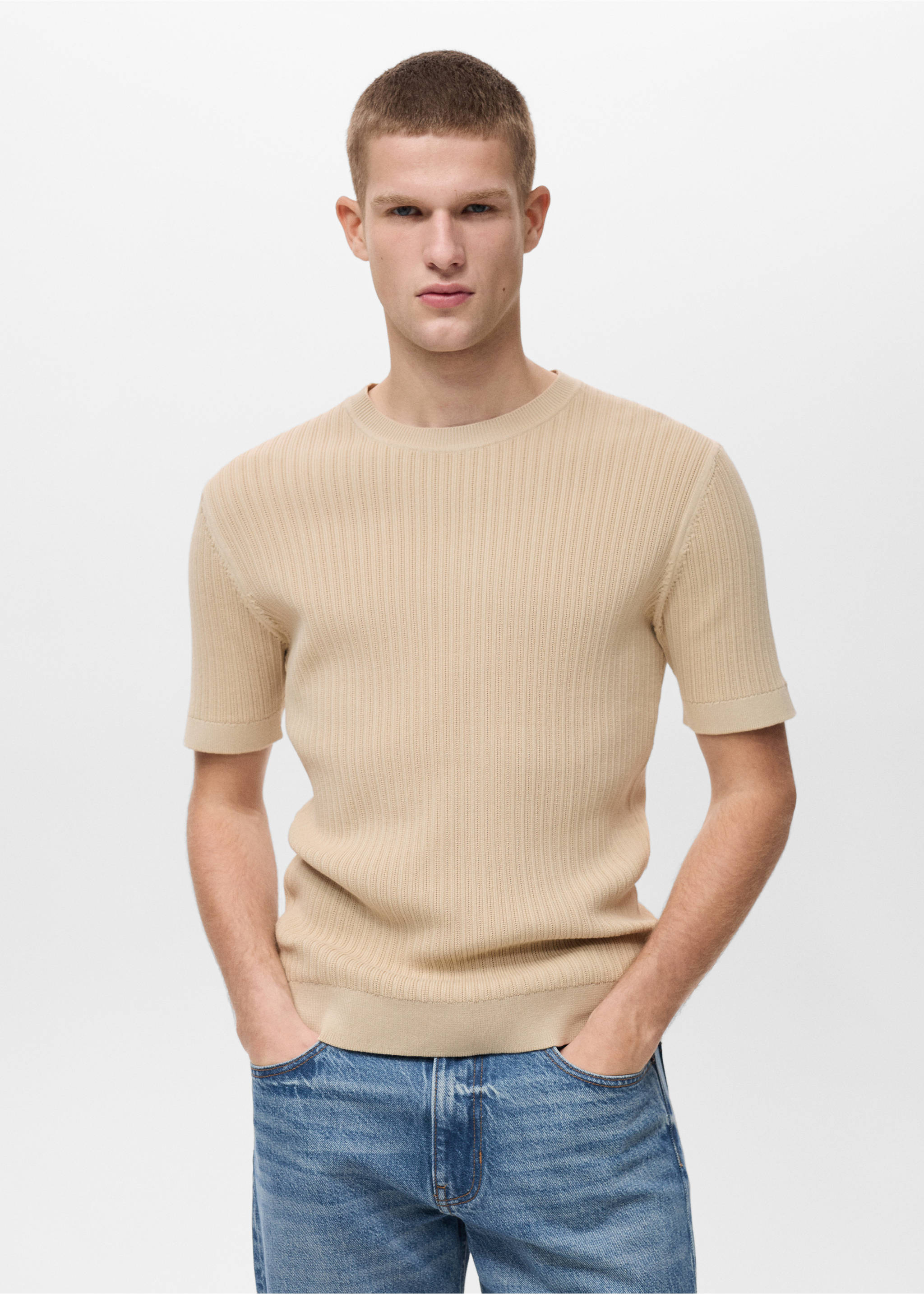 Camiseta punto algodón trenzado - Plano medio, Crudo. Ref: 87065934-00.