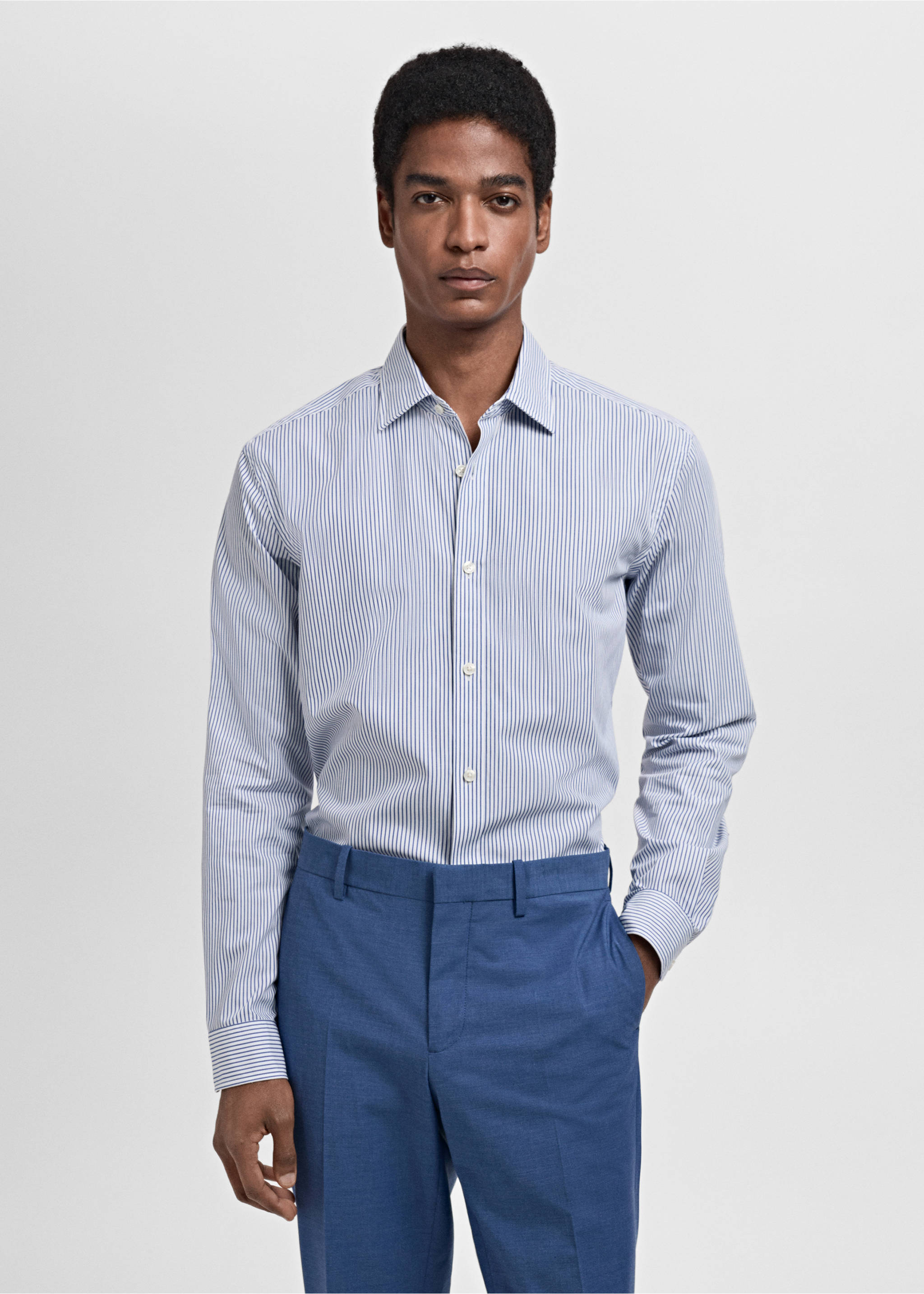 Camisa 100% algodón rayas slim fit - Plano medio, Azul. Ref: 87065937-00.