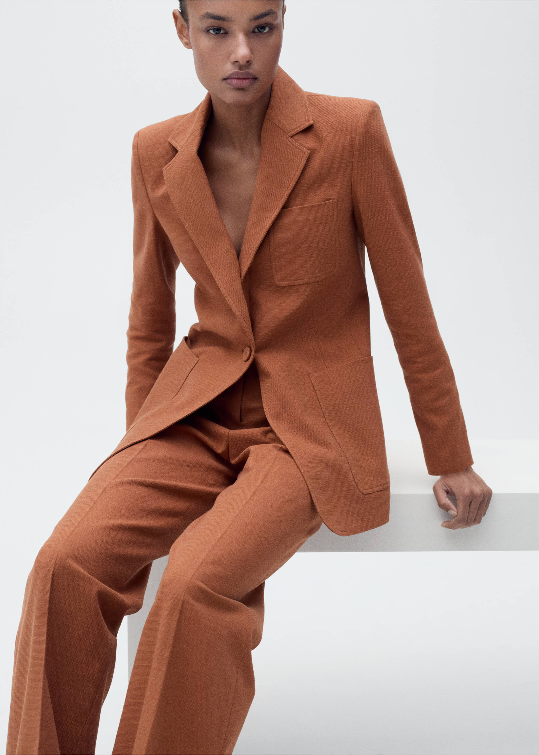 Cotton and linen-blend suit jacket - Details of the article 3, Caramel. Ref: 87065993-00.