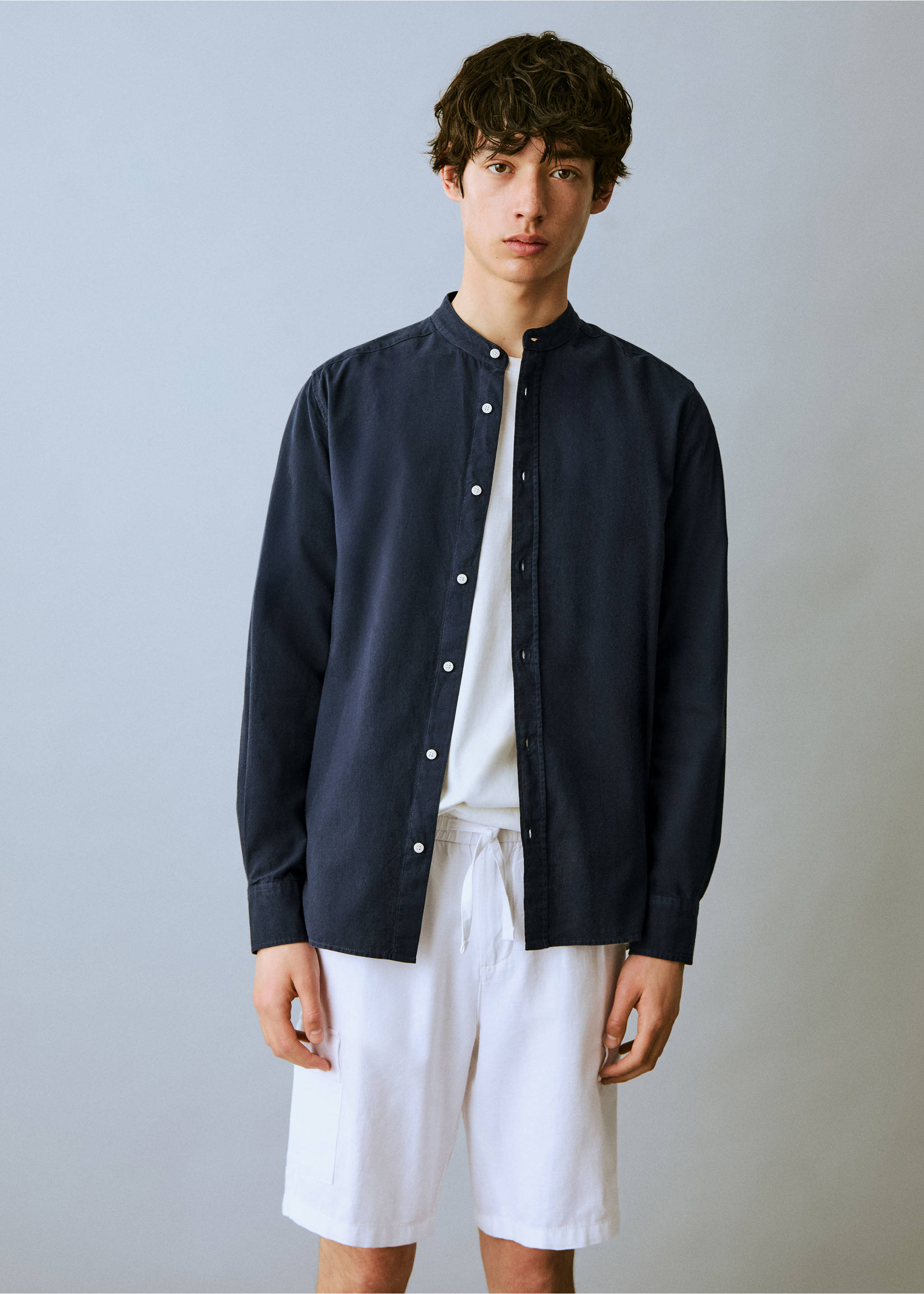 Cotton linen-blend shirt - Medium plane, Navy. Ref: 87066352-00.