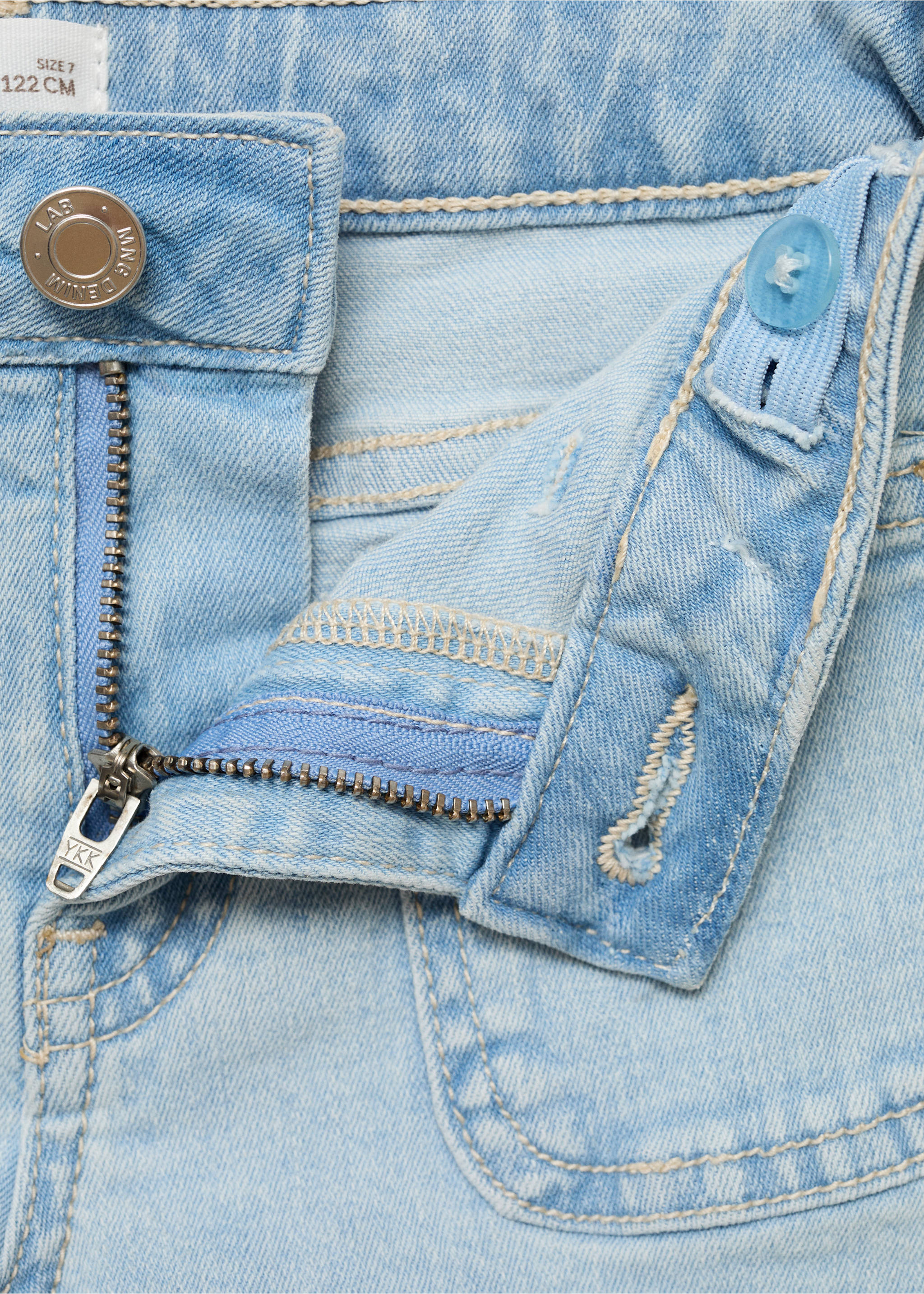 Close-up of light blue denim shorts showing the zip fly and waistband., Light Blue. Ref: 87066711-00.