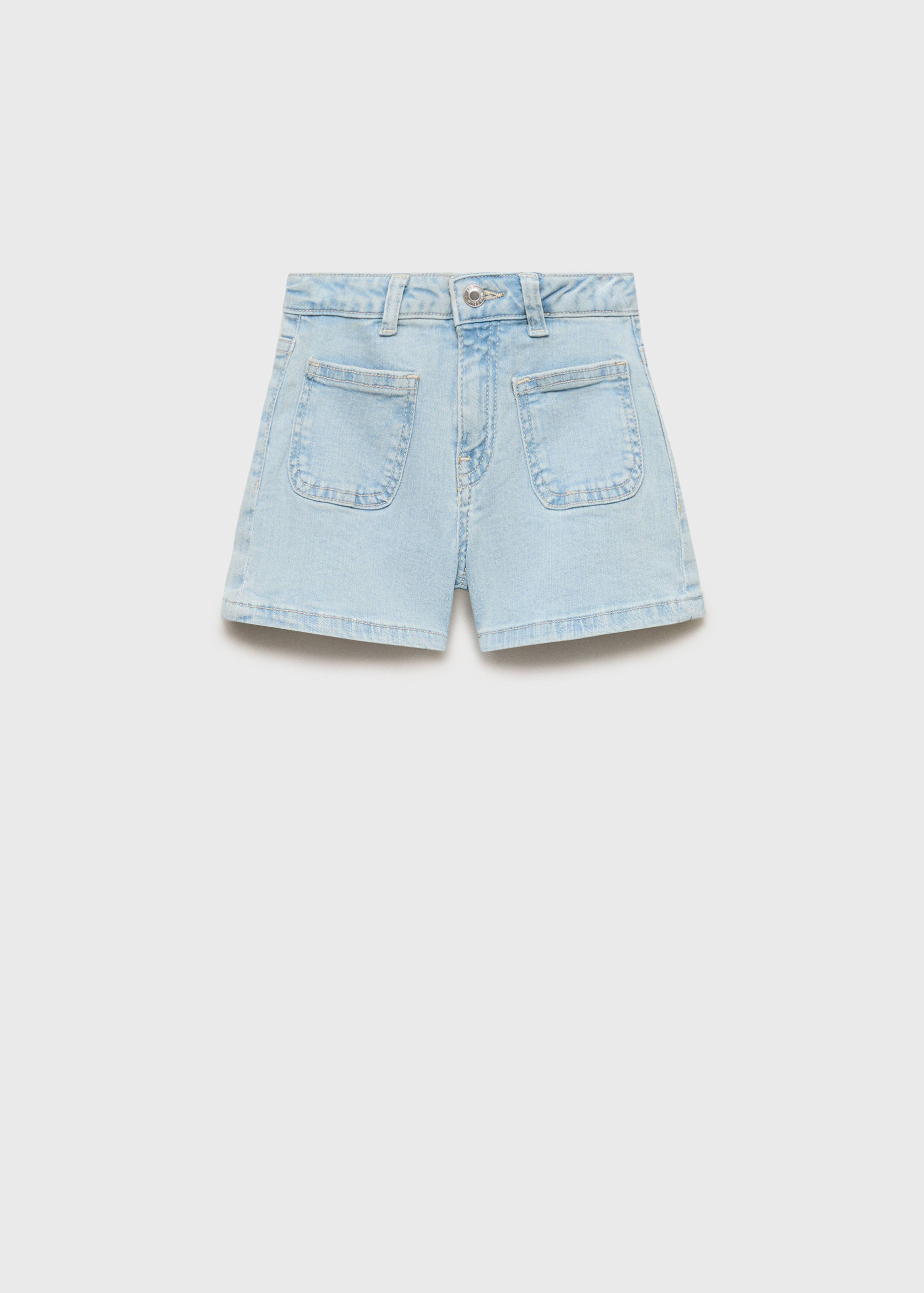 Light blue denim shorts with front patch pockets.