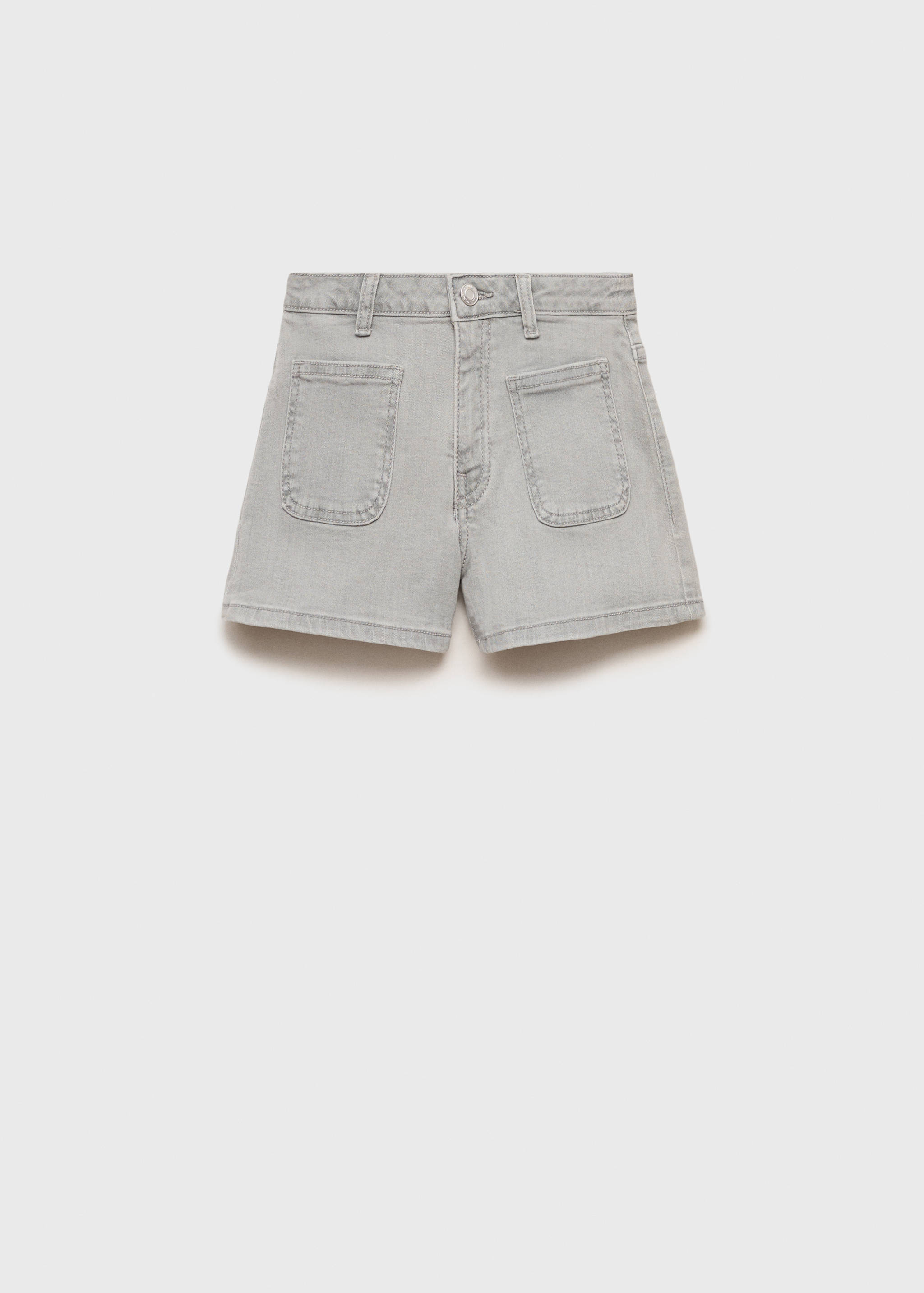 Light grey denim shorts with front patch pockets.